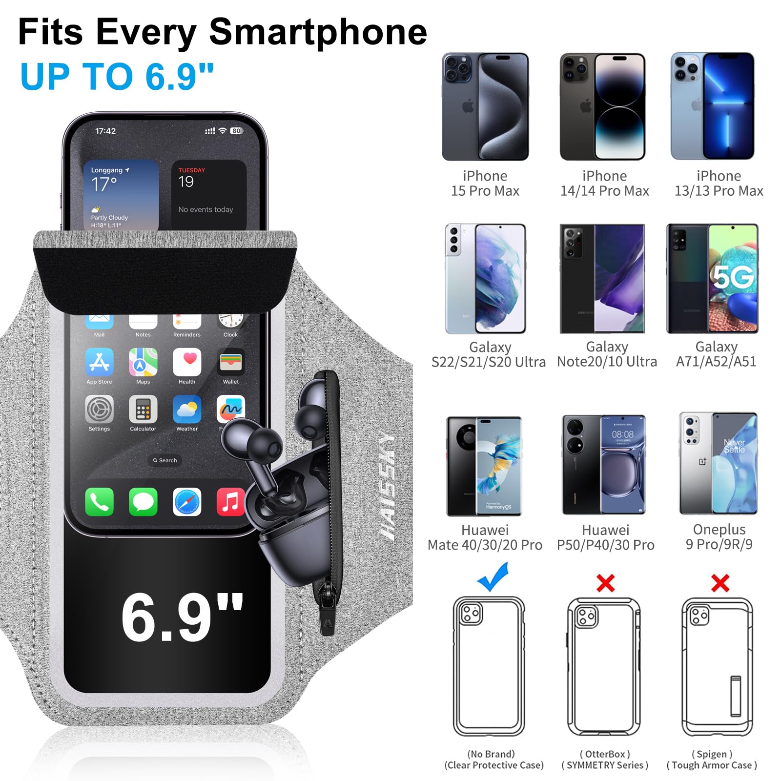 Fascia da Braccio porta telefono per corsa con Borsa Auricolare, Fascia Sportiva Running Porta Cellulare Fascia Braccio per Smartphone per iPhone 16 Pro Max/15 Pro/14/13Pro/XR/XS Armband fino a 6,9"