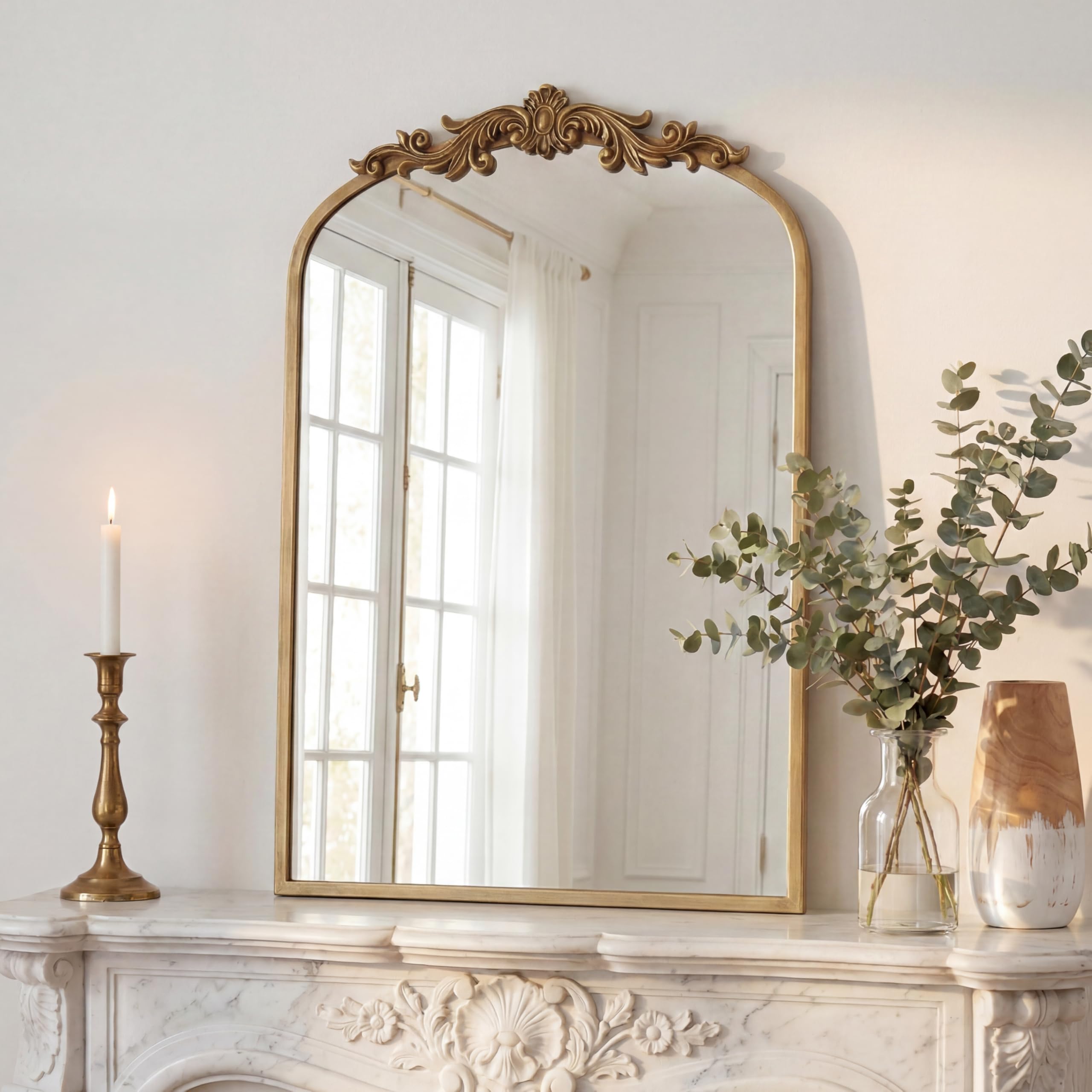 Perfnique Gold Vintage Mirror, 88 X 60Cm Arched Antique Baroque Mirror For Wall, Brass Traditional Ornate Wall Decor For Bathroom, Living Room, Fireplace, Entryway, Hallway (88 X 60 Cm)