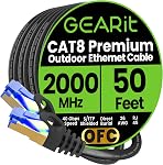 GEARit Cat8 Outdoor Ethernet Cable (50 Feet) Waterproof, Direct Burial, In-Ground, LLDPE UV Jacket, Pure Copper, 26AWG, 40Gbps 2000Mhz SFTP Patch Cord, POE, Network, Internet, Cat 8 Cable - 50ft