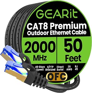 GEARit Cat8 Outdoor Ethernet Cable (50 Feet) Waterproof, Direct Burial, In-Ground, LLDPE UV Jacket, Pure Copper, 26AWG, 40Gbps 2000Mhz SFTP Patch Cord, POE, Network, Internet, Cat 8 Cable - 50ft