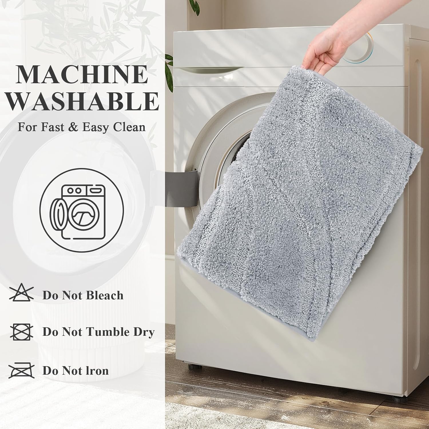 HEBE Bathroom Rugs Sets 5 Piece, Soft Absorbent Microfiber Bath Mat for Bathroom, Non Slip Washable Bath Rug Set with Toilet Cover, Bath Runner and U-Shaped Contour Toilet Rug, Light Grey