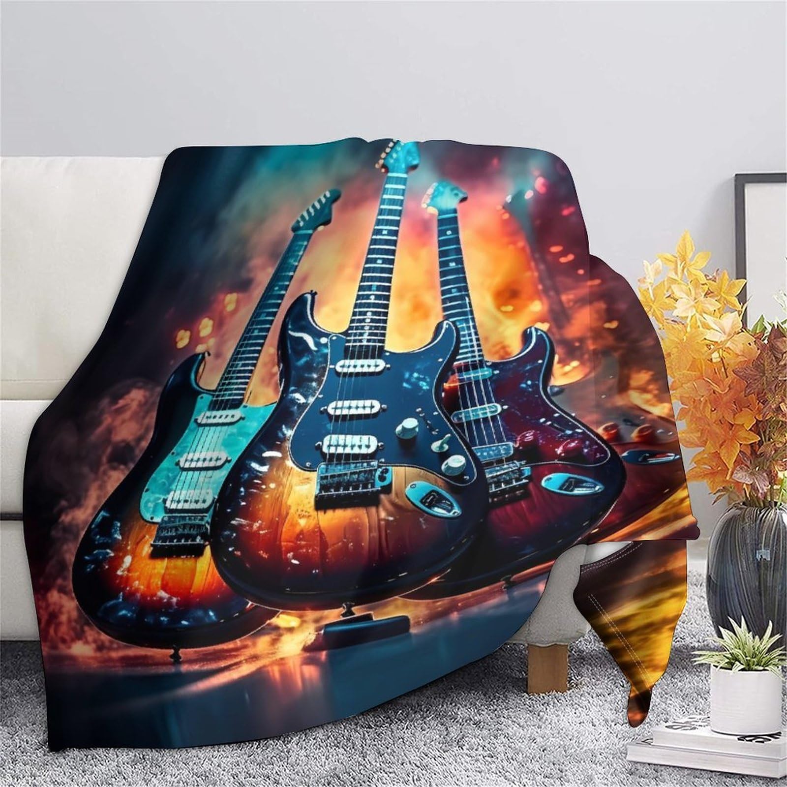 stampa 3D Electric guitars coperta da divano microfibra biancheria da letto lavabile coperta da salotto anti-pilling per giovani in relax serale Rock music 80×90inch(200x230cm)