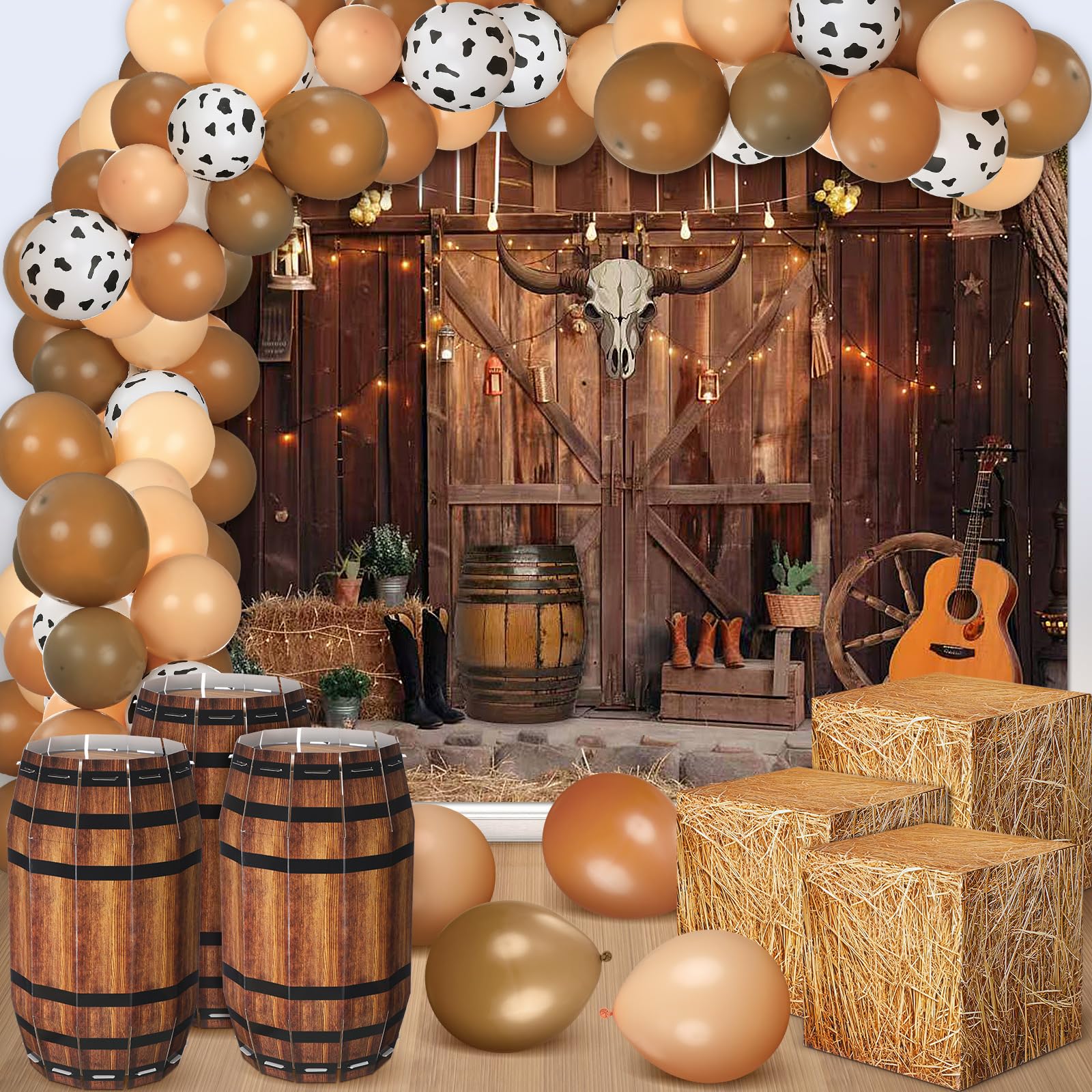 Threan 72pcs Bale Scatole Decorazione Western Cowboy Party Tridimensionale Barile di Legno Palloncino Western Cowboy Sfondo Grande Partito Sfondo Tema Festa di Compleanno Fotografia Puntelli
