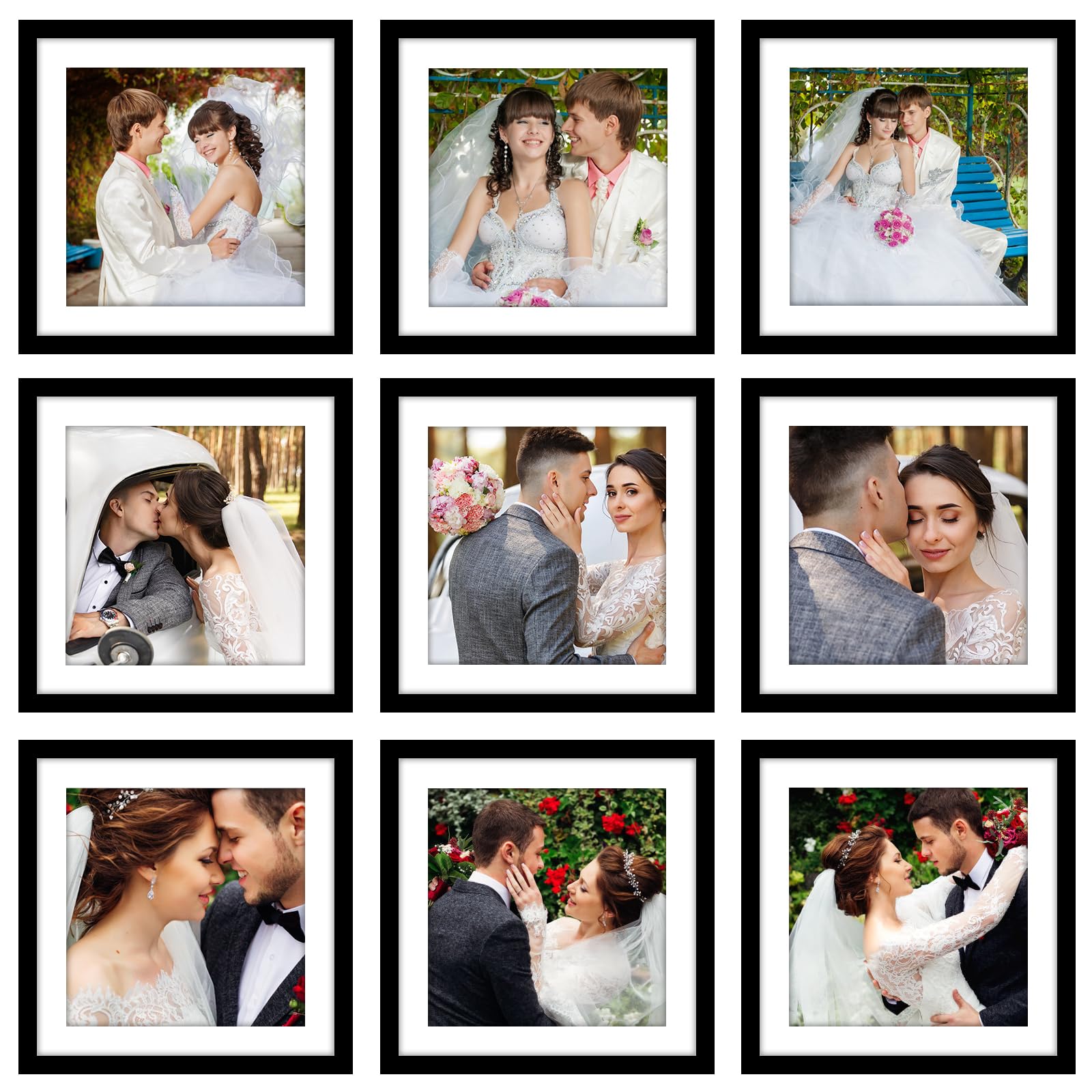 LYCN Set di 9 cornici portafoto quadrate, 30 x 30 cm, colore nero, con passepartout, per foto da 20 x 20 cm, per parete e tavolo, collage fotografico