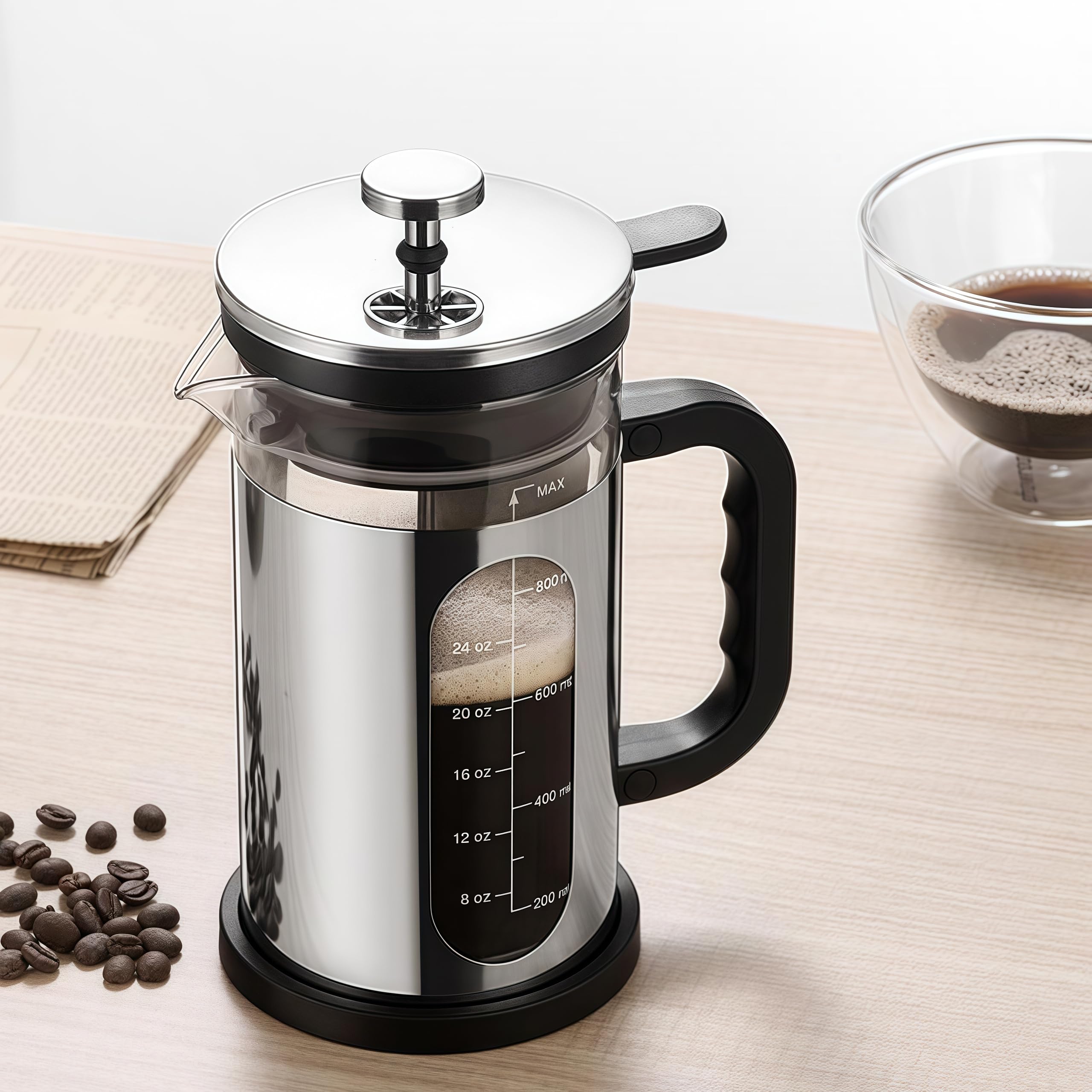 PanSukided French Press Coffee Maker, 34 oz Glass and Stainless Steel, 3-Level Filtration System