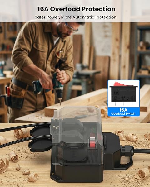 Regleta Enchufes Exterior IP44 Impermeable,Regletas Proteccion Sobretension con Interruptor 16A Sobrecarga,Base Enchufe Múltiple Pared,Exteriores Ladron 3 Tomas con Tapas,Alargador H07RN-F 1,5M,Negro - 5