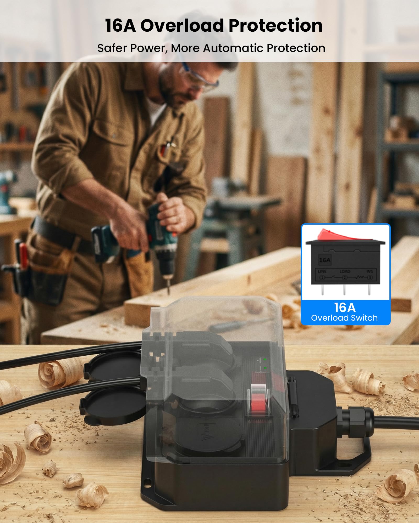 Regleta Enchufes Exterior IP44 Impermeable,Regletas Proteccion Sobretension con Interruptor 16A Sobrecarga,Base Enchufe Múltiple Pared,Exteriores Ladron 3 Tomas con Tapas,Alargador H07RN-F 1,5M,Negro — view 5