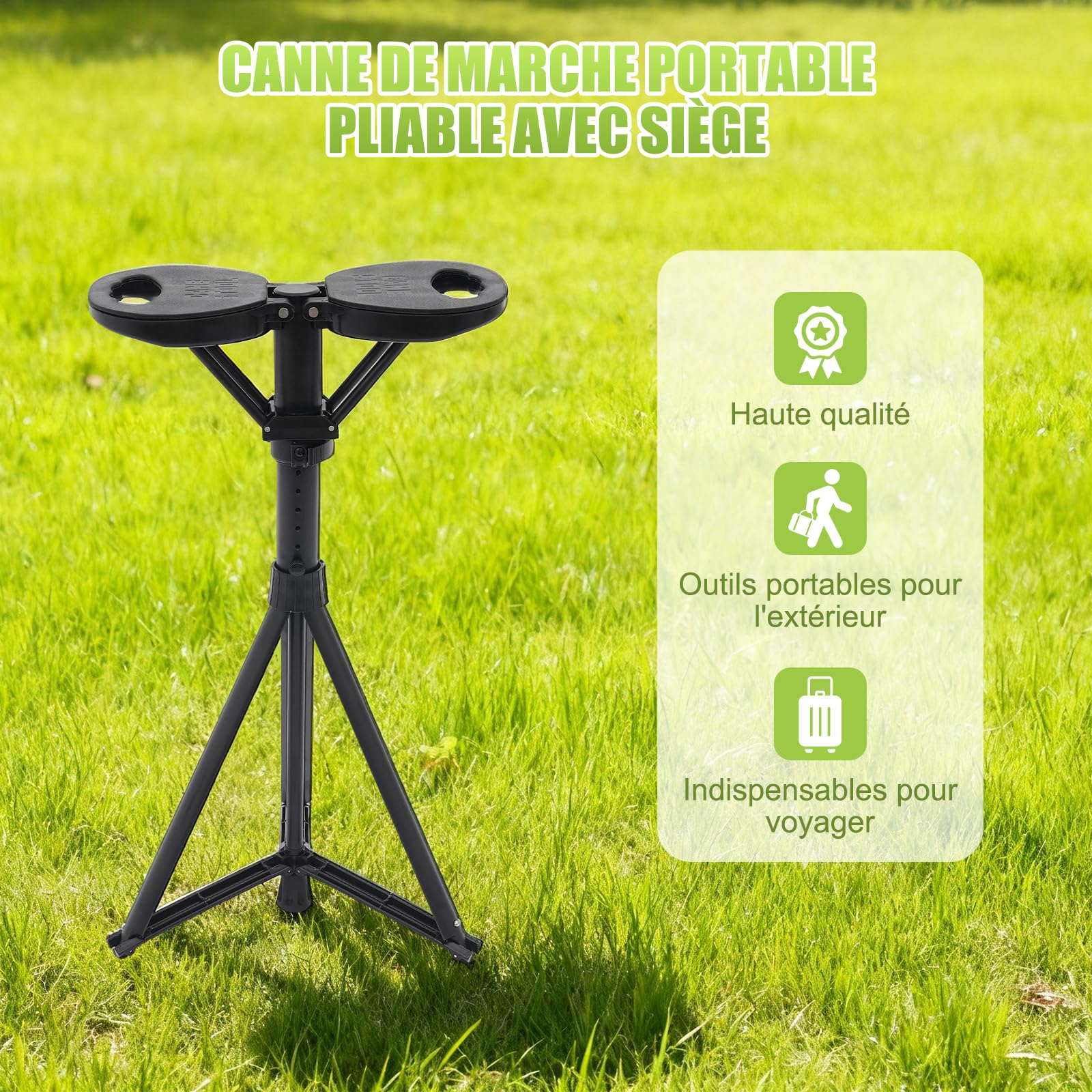 Canne de marche portable pliable avec siège - Avec sac de transport - Pour adultes et personnes âgées - Charge maximale : 150 kg - Pour les voyages en plein air
