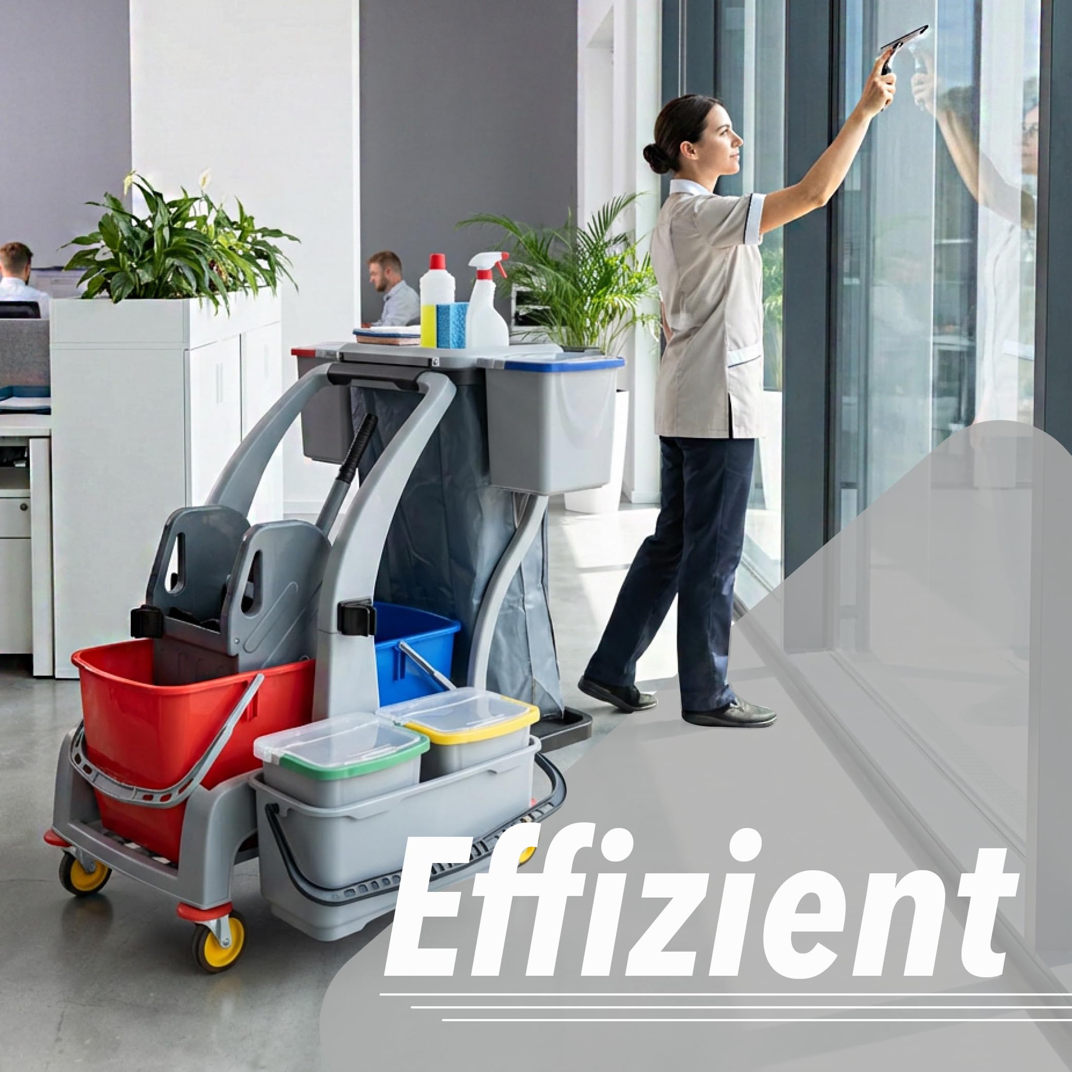 G.I.V. Multifunktions Reinigungswagen - Putzwagen mit Vertikalpresse, 2x18L Eimer, 4-Farbsystem Eimer + Deckel je 6L, zusätzlicher Putzeimer, Dauerabfallsack, leise Räder, Halterungen für Stiel + Mopp