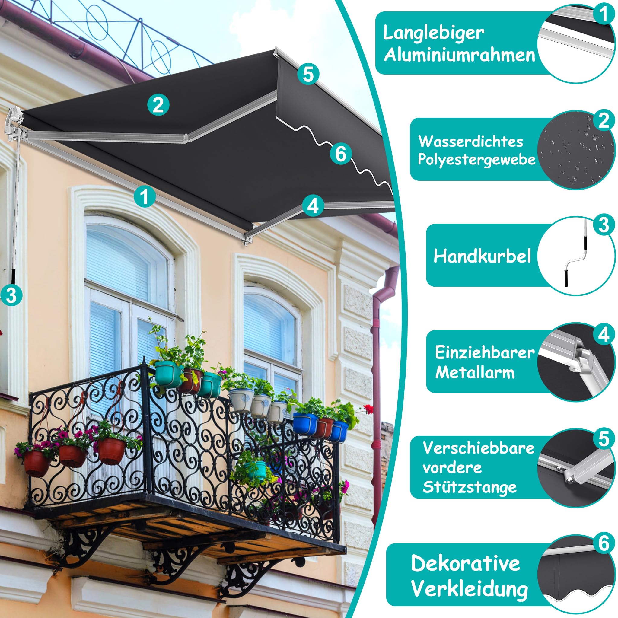 NAIZY Markiza z przegubem 3 x 2,5 m, markiza chroniąca przed słońcem, na balkon, taras, ciemnoszary