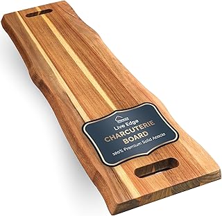Live Edge Acacia Large Serving Board with Handles, 36x12x1” Large Wood Charcuterie Board for Bread, Meat, Appetizers, Non Toxic Rustic Cutting & Serving Tray For Kitchen