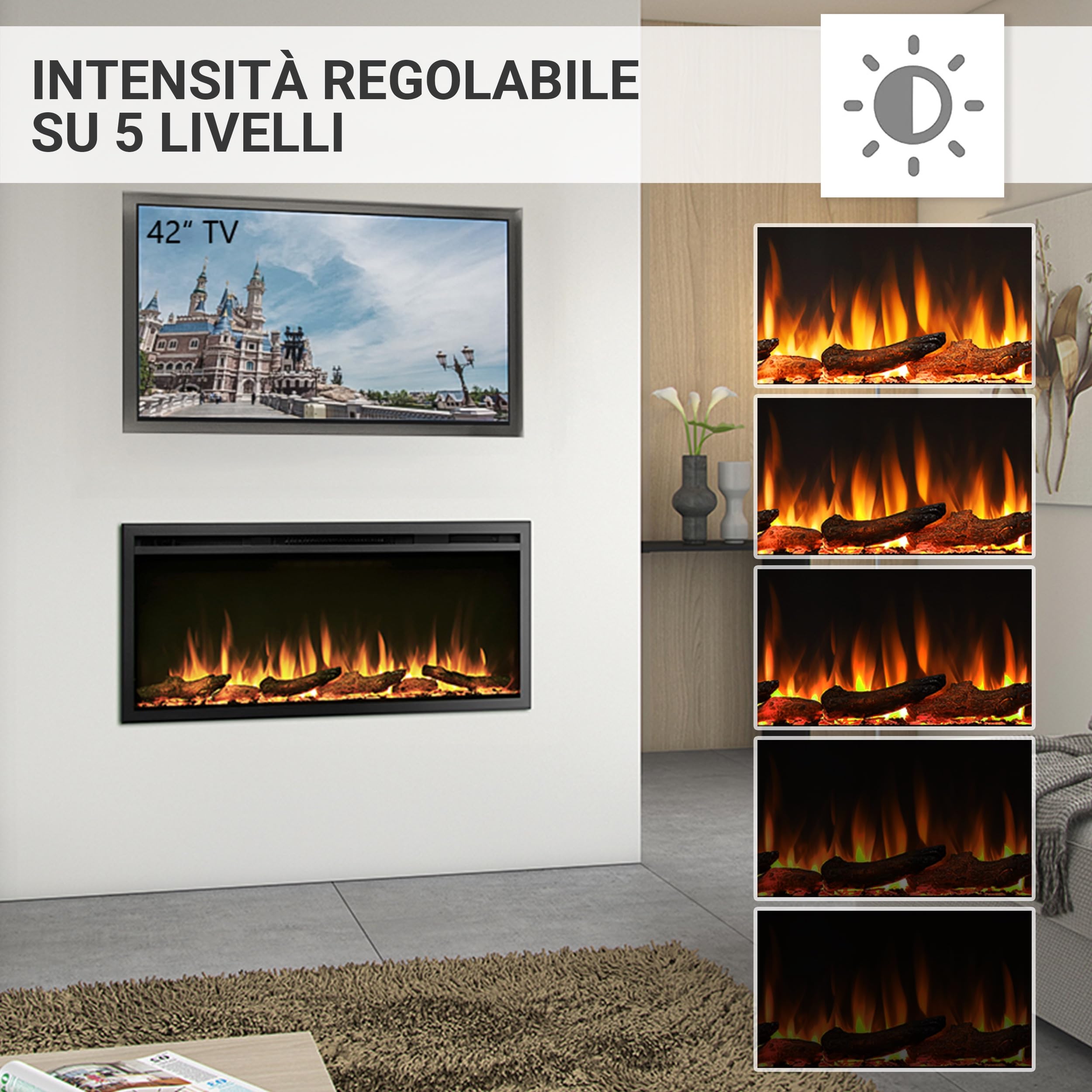 Balderia camino elettrico Atalanta | Caminetto a incasso effetto fiamma 3D | Riscaldamento elettrico 1500W, LED, comando via app, crepitio | Nero