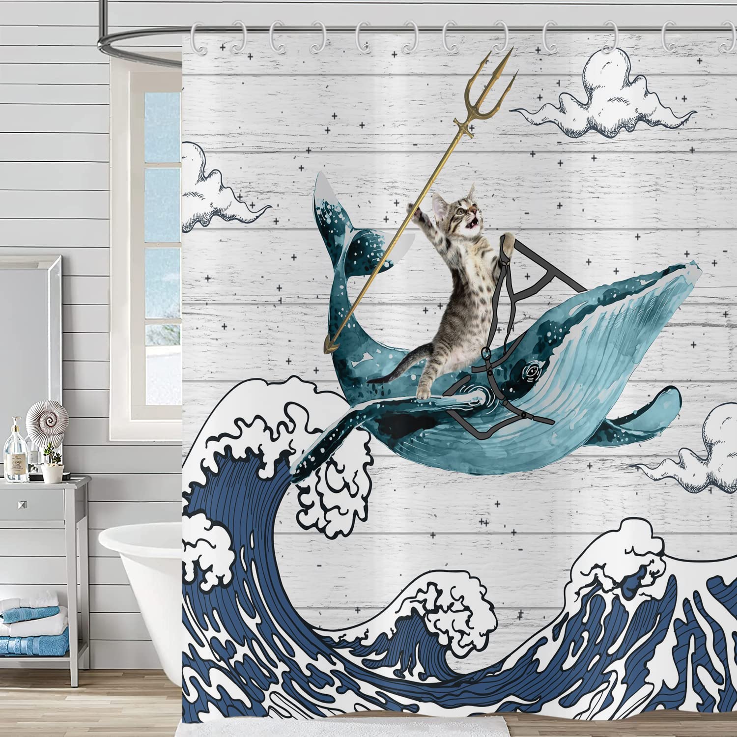 Hnmdmyi Funny Cat Shower Curtain 240x180, Cool Cat Riding Whale with Japan Kanagawa Waves on Rustic Wooden Bathroom Curtains Cute Kids Farmhouse Waterproof Polyester Fabric Washable Bath Curtains — image 1