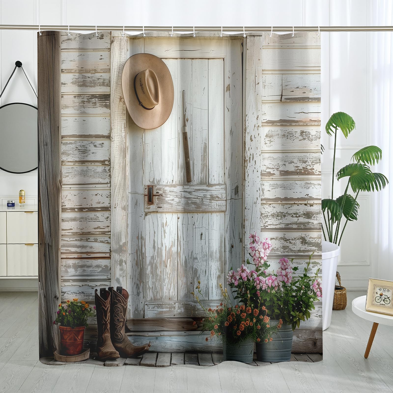 Witzest White Barn Door Shower Curtain Set, Rustic Wood Shower Curtain Country Farmhouse Shower Curtains for Bathroom Decor Polyester Fabric-72" x 72"