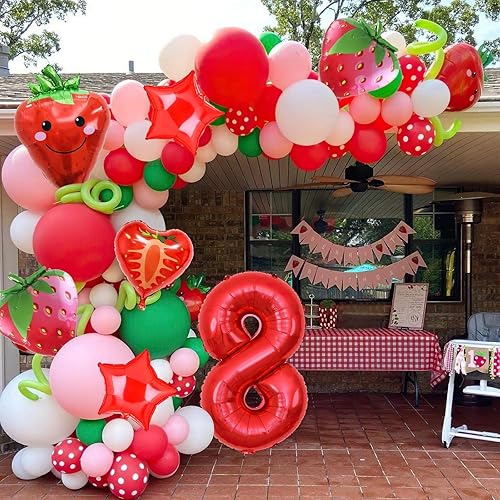 Miniatura 5 de 7 globos de fresa, globos de aluminio de tereftalato de polietileno con número de fresa, suministros para fiesta de cumpleaños de 8 años de fresa (8)