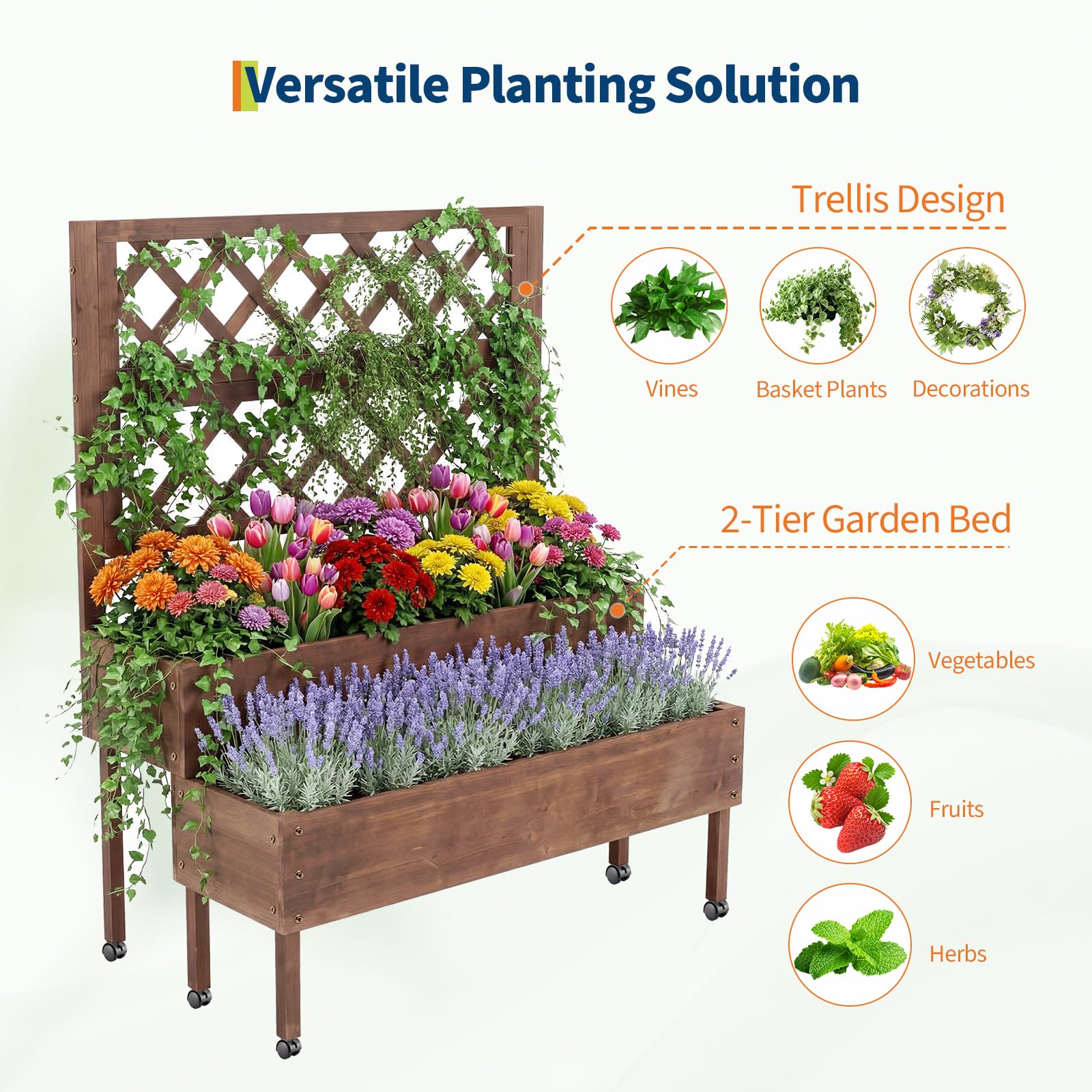 Garvee - Jardinera elevada de 2 niveles con celosía – Bandeja para plantas vertical de madera sobre pies, ruedas y agujeros de drenaje, perfecta para crear una pantalla de intimidad en extensor
