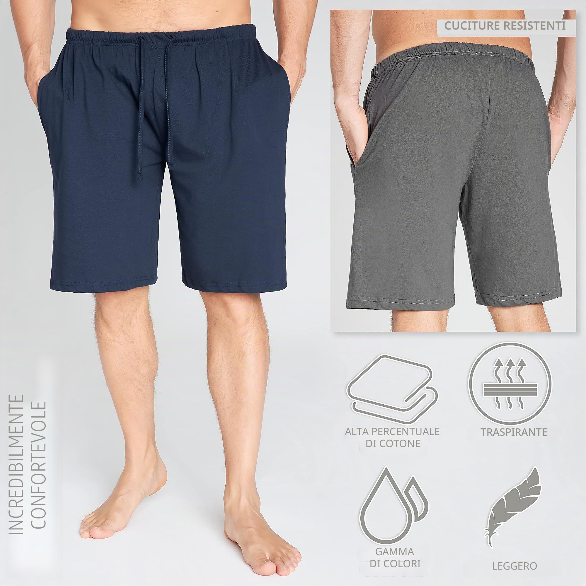 CityComfort Pantaloncini da Uomo | Pacco Doppio Pantaloncini Corti, Pigiama Uomo Corto, Pigiami per Uomo in Cotone, Confezione da Due Shorts in Cotone con Vita Elasticizzata (M, Navy & Charcoal)