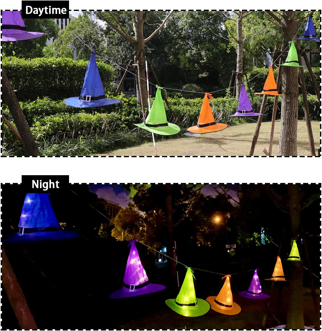 Ivenf Halloween Decorations Outdoor 8 Pcs 8 Lighting Modes LED Lights Witch Hat Lights Halloween Decor Hocus Pocus Decor for Garden Yard Indoor Outside Party, 19.6ft, 4 Colors