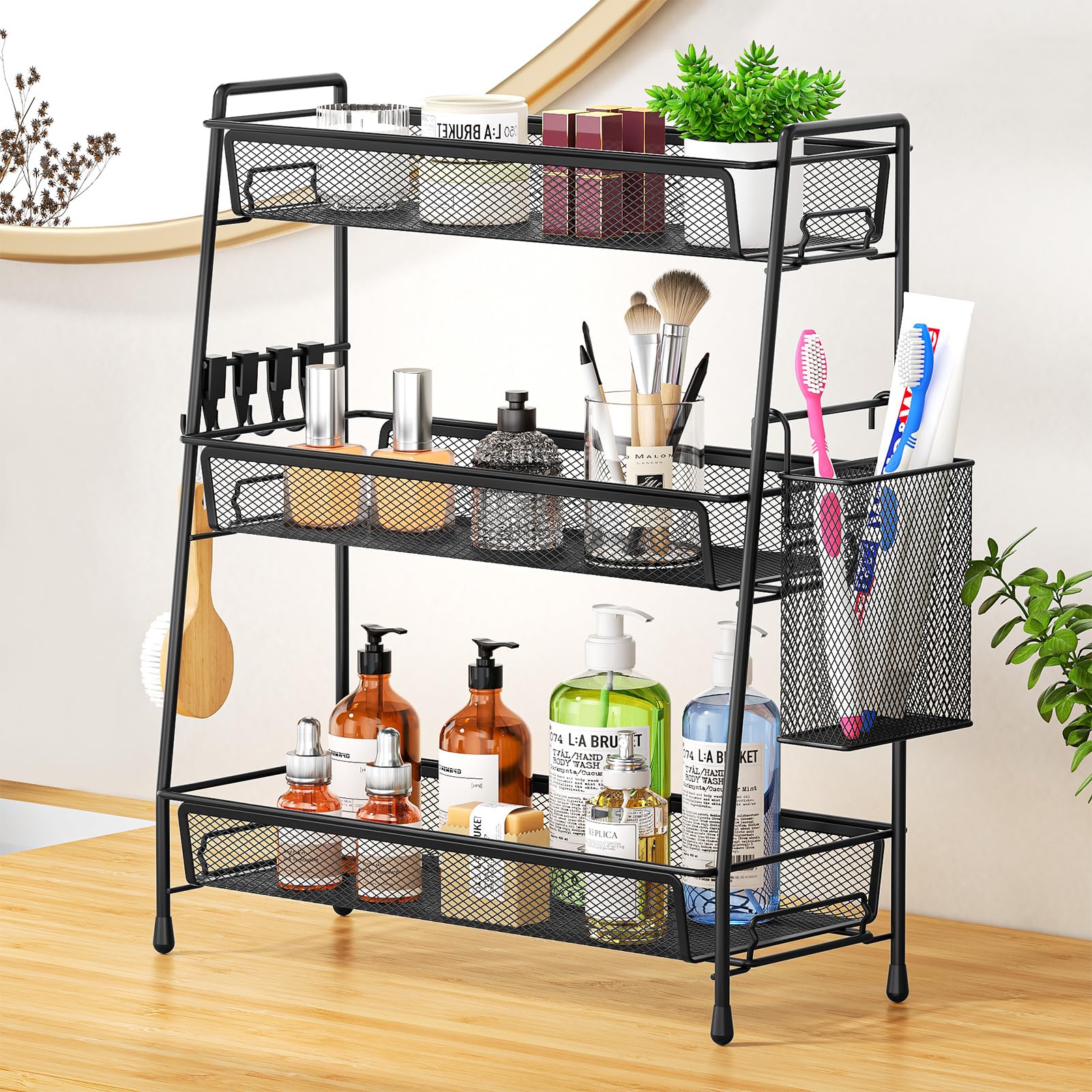 VITVITI 3-Tier Bathroom Organizer Countertop, Metal Wire Mesh Bathroom Counter Organizer Storage with Basket Hooks, Vanity Tray Shelf, Kitchen Spice Rack (Black)
