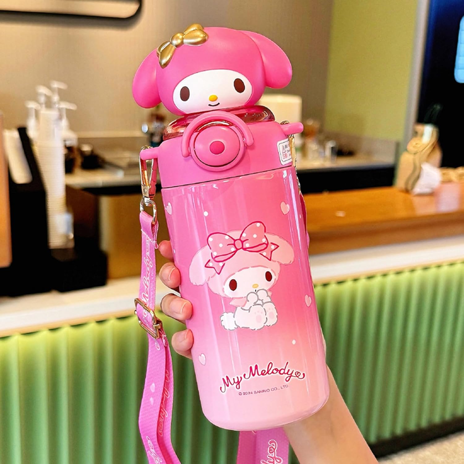 Melody Pink Stainless Steel Insulated Water Bottle (Straw) with Strap 600ml - Image 3