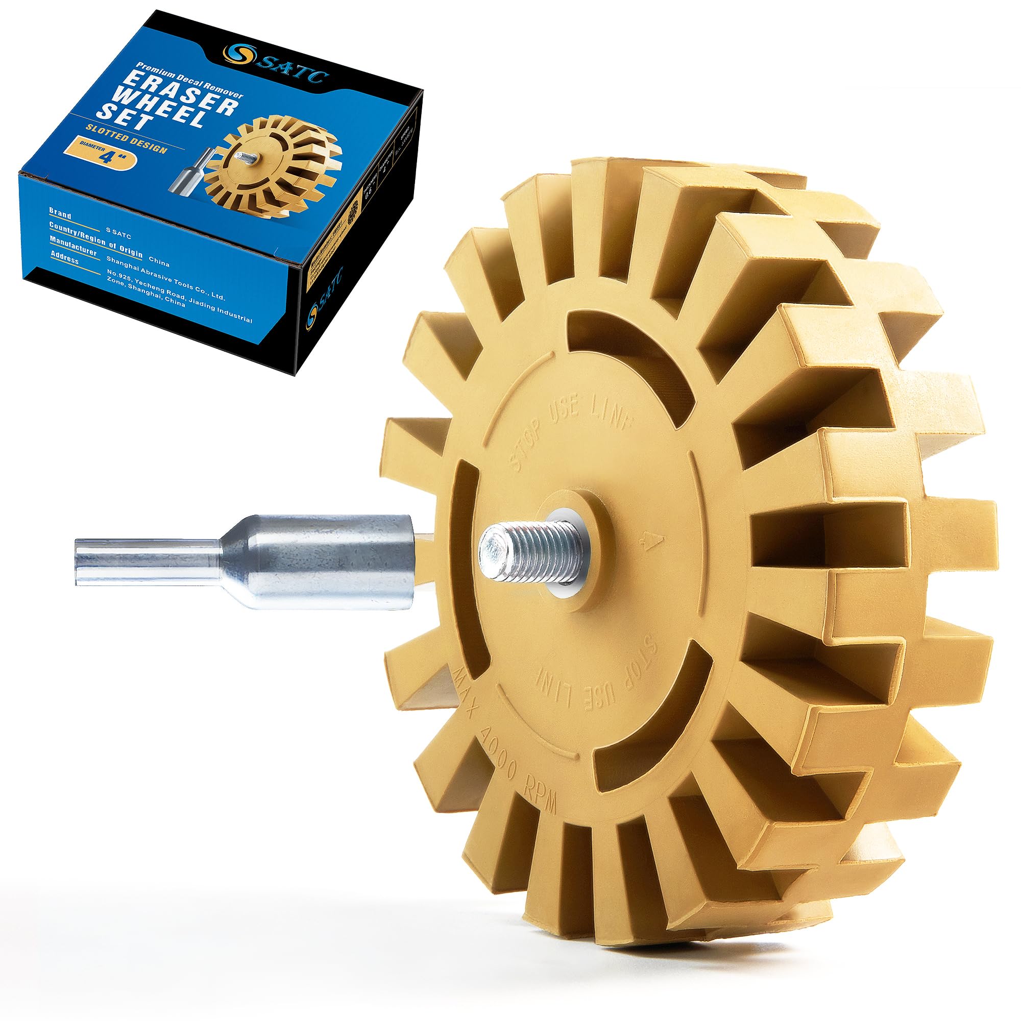 SATC Decal Eraser Wheel for Drill 4 Inch Rubber Eraser Wheel 1 Pack Car Vinyl Decal Emblem Sticker Remover Wheel Pin Stripe Adhesive Remover Tool with Adapter