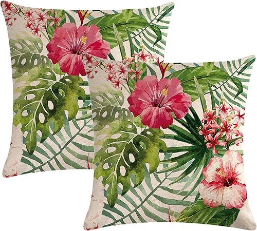 7COLORROOM Paquete de 2 fundas de almohada de flores, hojas tropicales, fundas de cojín decorativas para el hogar, fundas de almohada de primavera