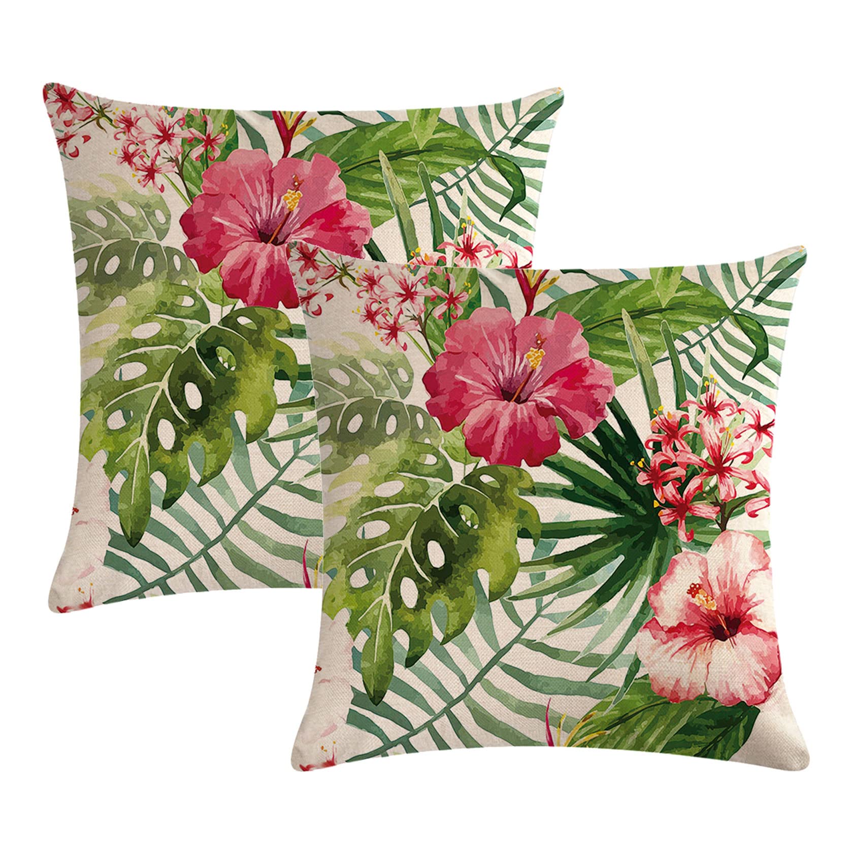 7COLORROOM2pack Flower Throw Pillow Covers Tropical Leaves Home Decorative Cushion Covers Spring Farmhouse Decor Pillowcases for Patio Sofa Couch 18”×18”