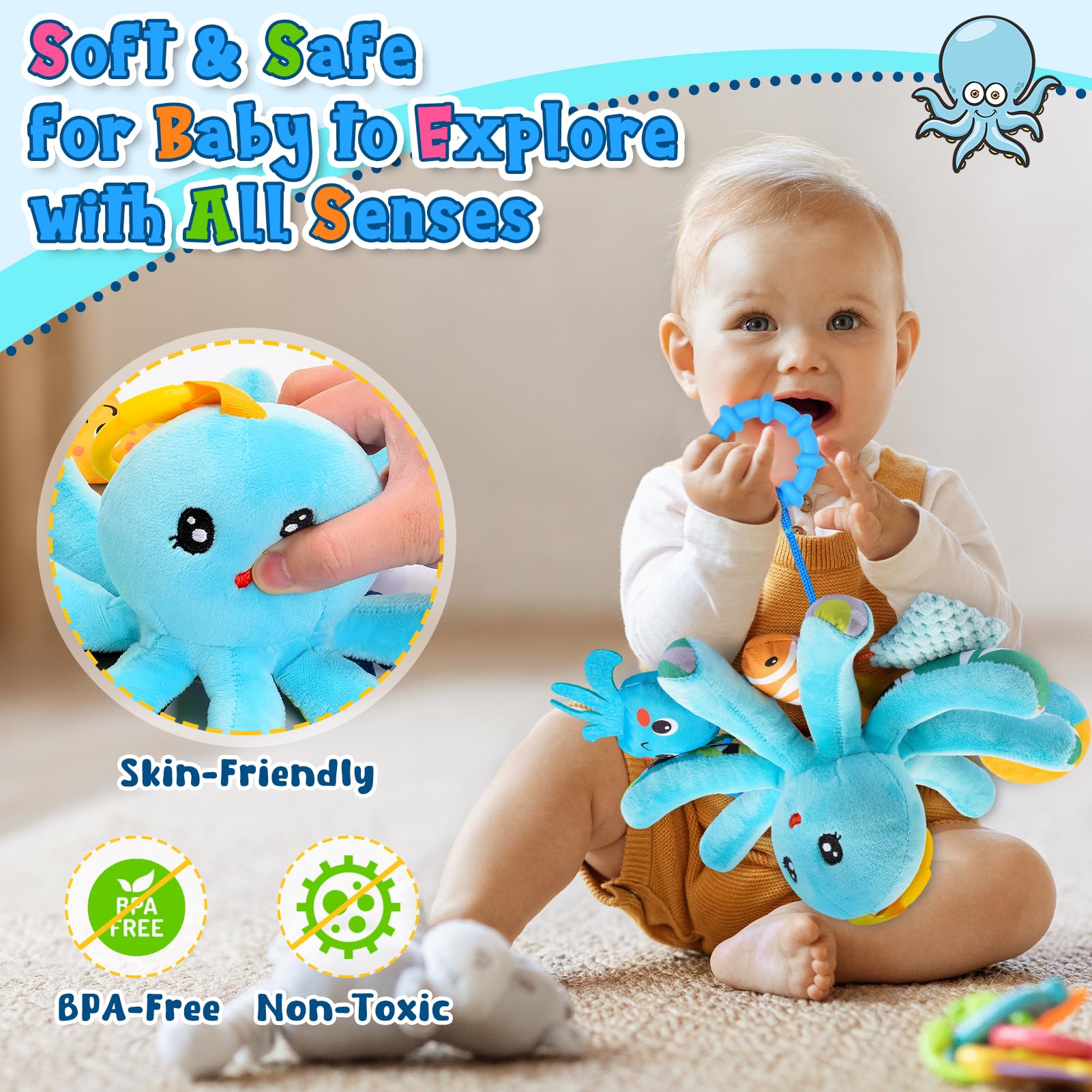 HappyKidsClub Pluszowa ośmiornica dla niemowląt w wieku 0-18 miesięcy – z 8 wiszącymi zabawkami sensorycznymi i lusterkiem – zabawka motoryczna Baby Montessori do wózka dziecięcego (nadaje się do