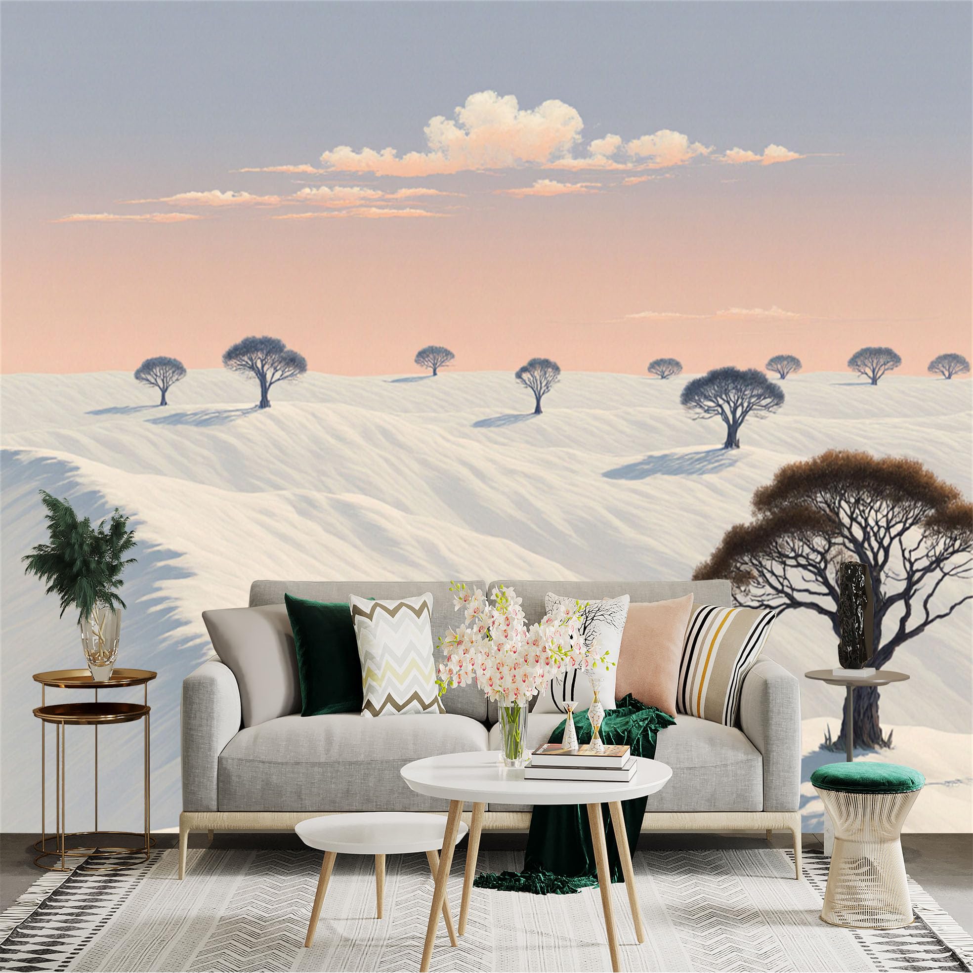 Lnzczhyre Xc260505699 Custom Size Wall Sticker Mural， Lone Traveler In White Desert， Surreal Snowy Dunes， Minimalist Winter Landscape With Trees， For Wall Decoration， Peelandstick Wall Decals.
