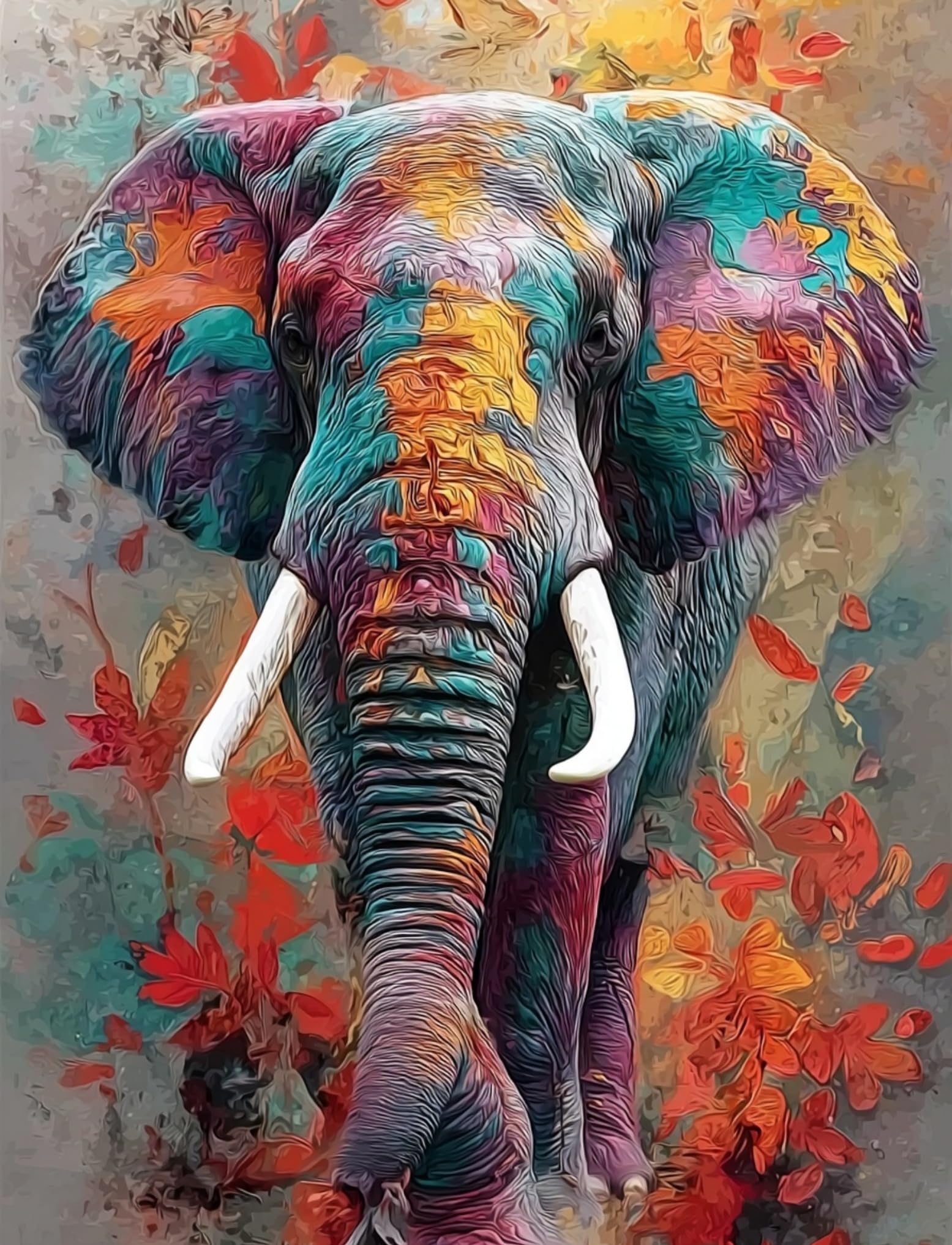 WANGWANGMIAO Paint by Numbers for Adults Beginner,Colorful Elephant Autumn Leaves Painting by Number Kits On Canvas,DIY Color Oil Painting Acrylic Paints,Home Wall Decor 40x50cm/16x20in，with Frame