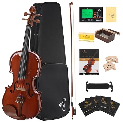 Cecilio CVN-200 Full Size Violin with D'Addario Prelude Strings - Solidwood Natural Varnish Violin for Beginners - Includes Tuner, Case, and 2 Bows
