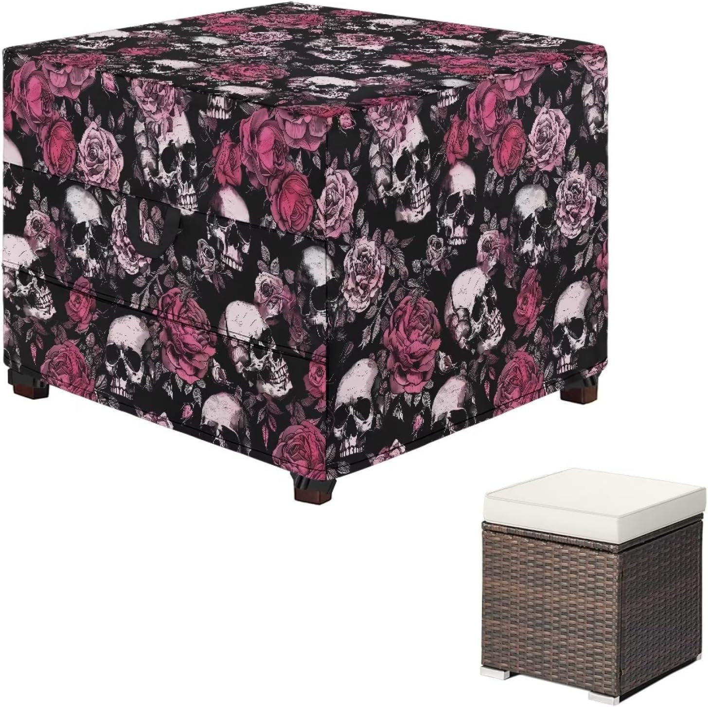 Pink Skull Rose Outdoor Square Ottoman Cover Waterproof Patio Ottoman Cover Heavy Duty Outdoor Small Side Table Furniture Covers 27 x 27 x 18 Inch