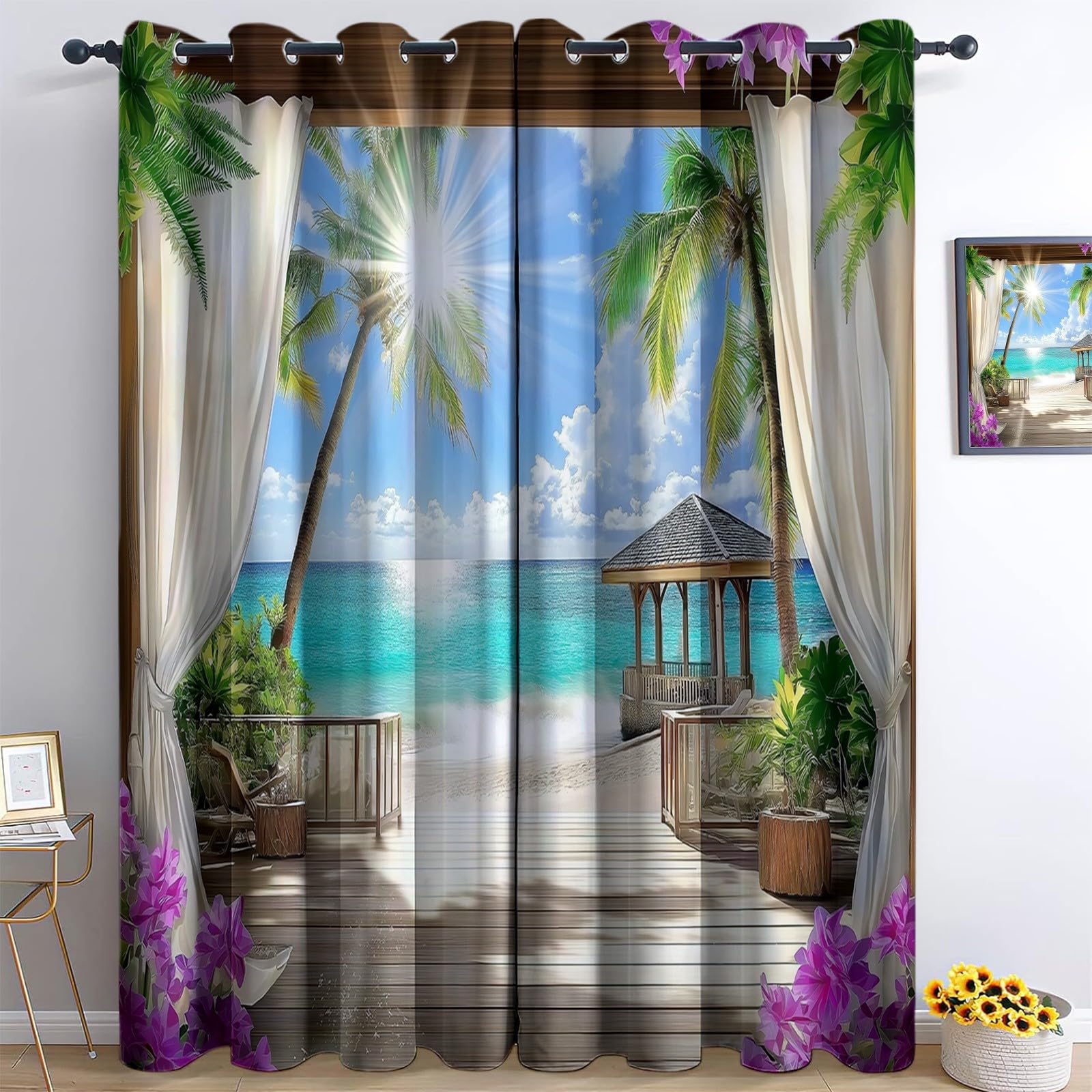 Blackout Curtains For Bedroom - Super Soft 3D Printing Terrace Wallpaper Curtains Beach Bedroom Eyelet Curtains 46” W x 72” L Drop Noise Reduce Panels For Nursery For Home Decoration, 2 Pcs