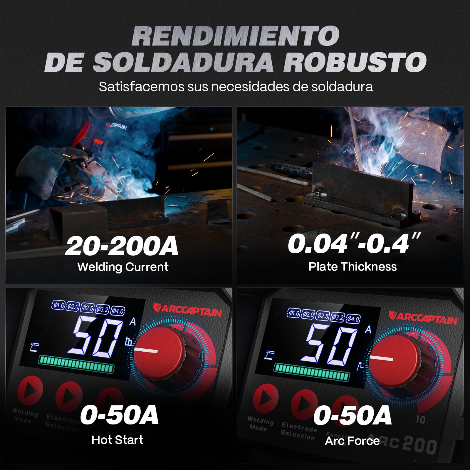 ARCCAPTAIN Soldador Inverter de 200 A con Pantalla LED Grande, Maquina de Soldar TIG ARC/Lift con Control sinérgico, Inversor IGBT, 230V Grupo de Soldar MMA con Hot Start, Arc Force