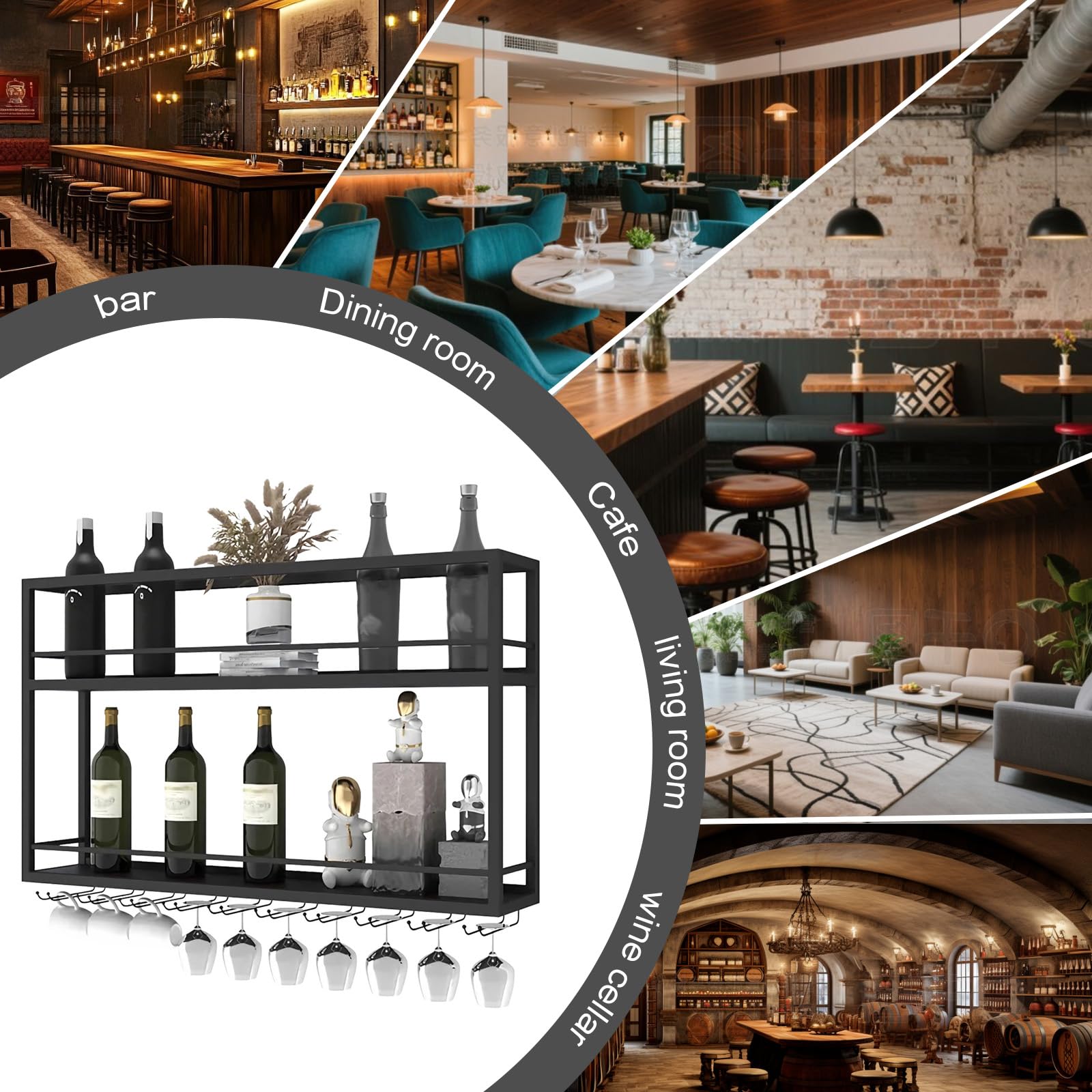 Botellero de Pared Industrial, Estante de Vino Decorativo con Portavasos para Copas, Soporte Para Botellas de Metal, Estante Multi Funcional para Vino para Hogar Bar Comedor Cocina (140×20×65cm)