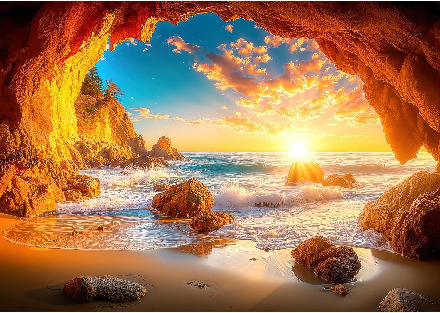 Puzzles for Adults 1000 Pieces, Sea Cave Sunset Beach Ocean Waves Puzzle, Natural Arch Rocky Coast Scenic Landscape, Difficult Puzzles with Letters on Back, 28x20 Inch Large Home Decor for Game Night