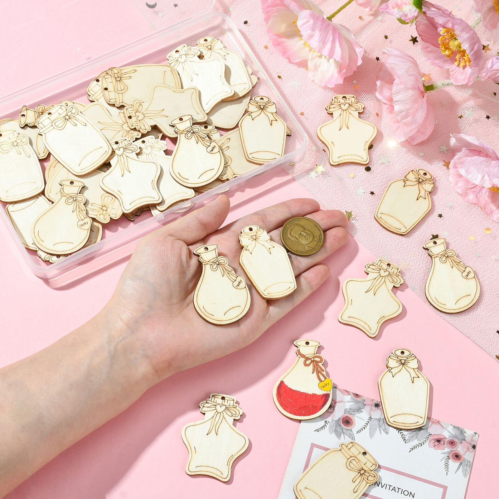 UR URLIFEHALL 40 Pcs 4 Styles Wooden Wishing Bottle Charms Unfinished Blank Wood Slices with Hole for Crafts Scrapbooking Home Garden Party Decor - Image 4