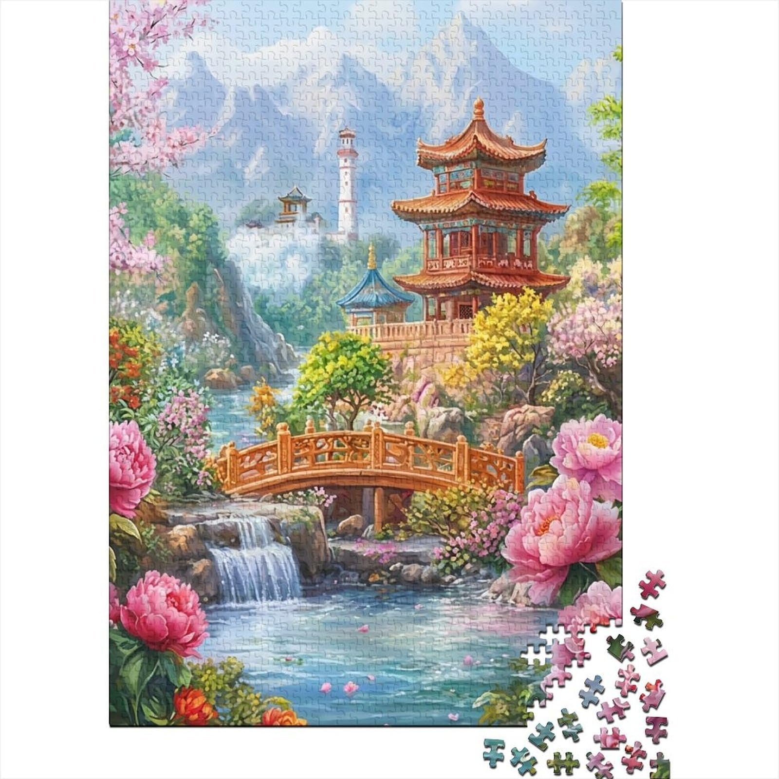 Uxinyoume Style-8 3D Printed Oriental Garden Fitted Sheet Microfiber Pink Blossom Pagoda Mattress Cover For Bedroom Decor 90X200x25cm