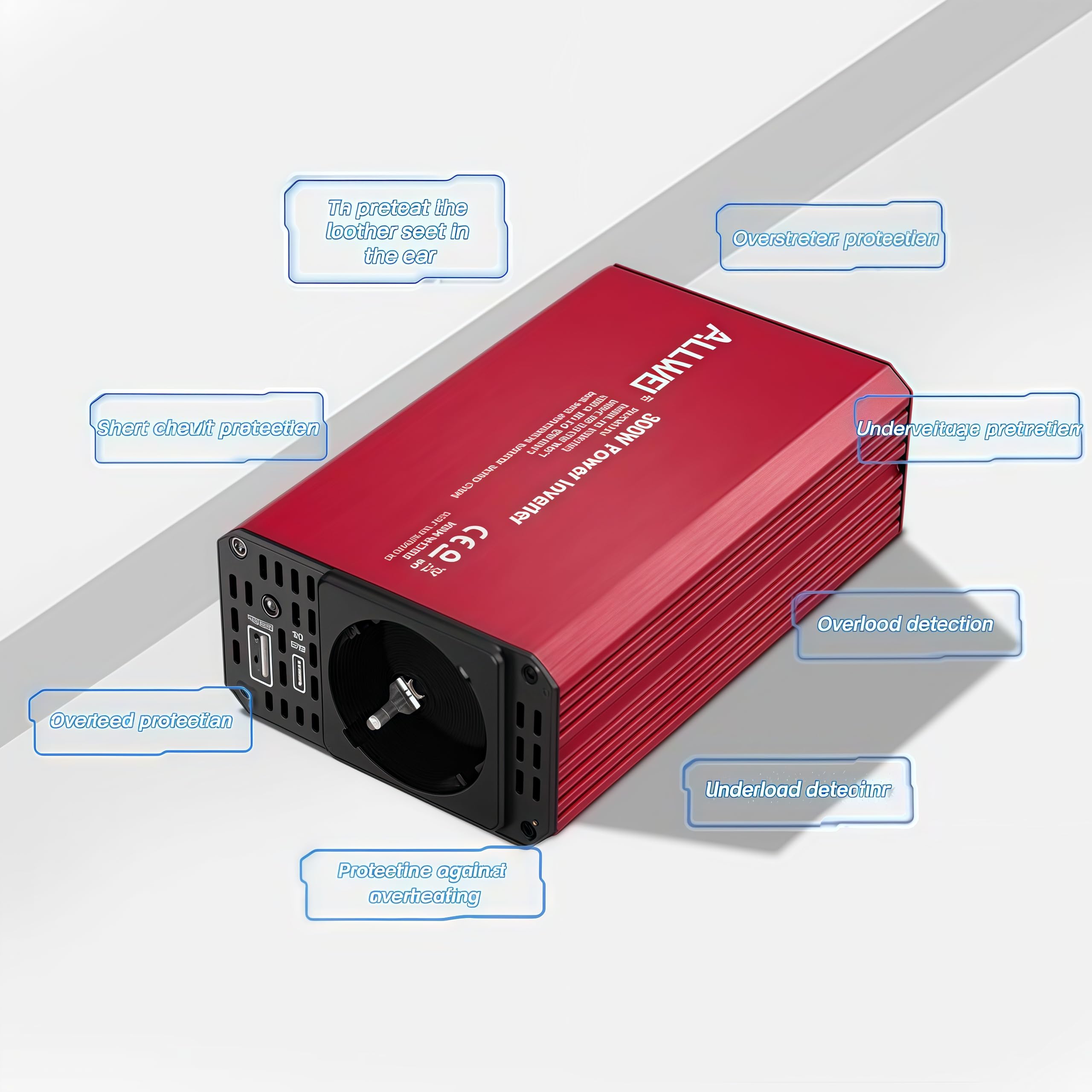 ALLWEI 300W Wechselrichter 12V auf 230V Spannungswandler, Stromwandler mit Typ-C & USB Anschluss, Inverter 12V 220V, Auto Steckdose für Auto, Laden von Handys, Laptops und Anderen Geräten(Rot)