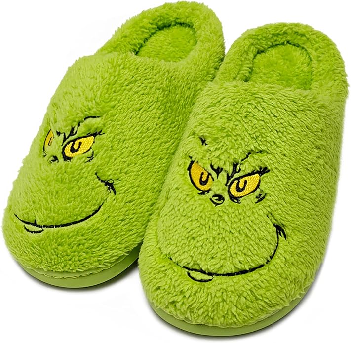 LUDGHALL Christmas Green Slippers for Women Men Halloween Spooky Fuzzy Fluffy House Slippers Warm Cozy Indoor Outdoor Shoes