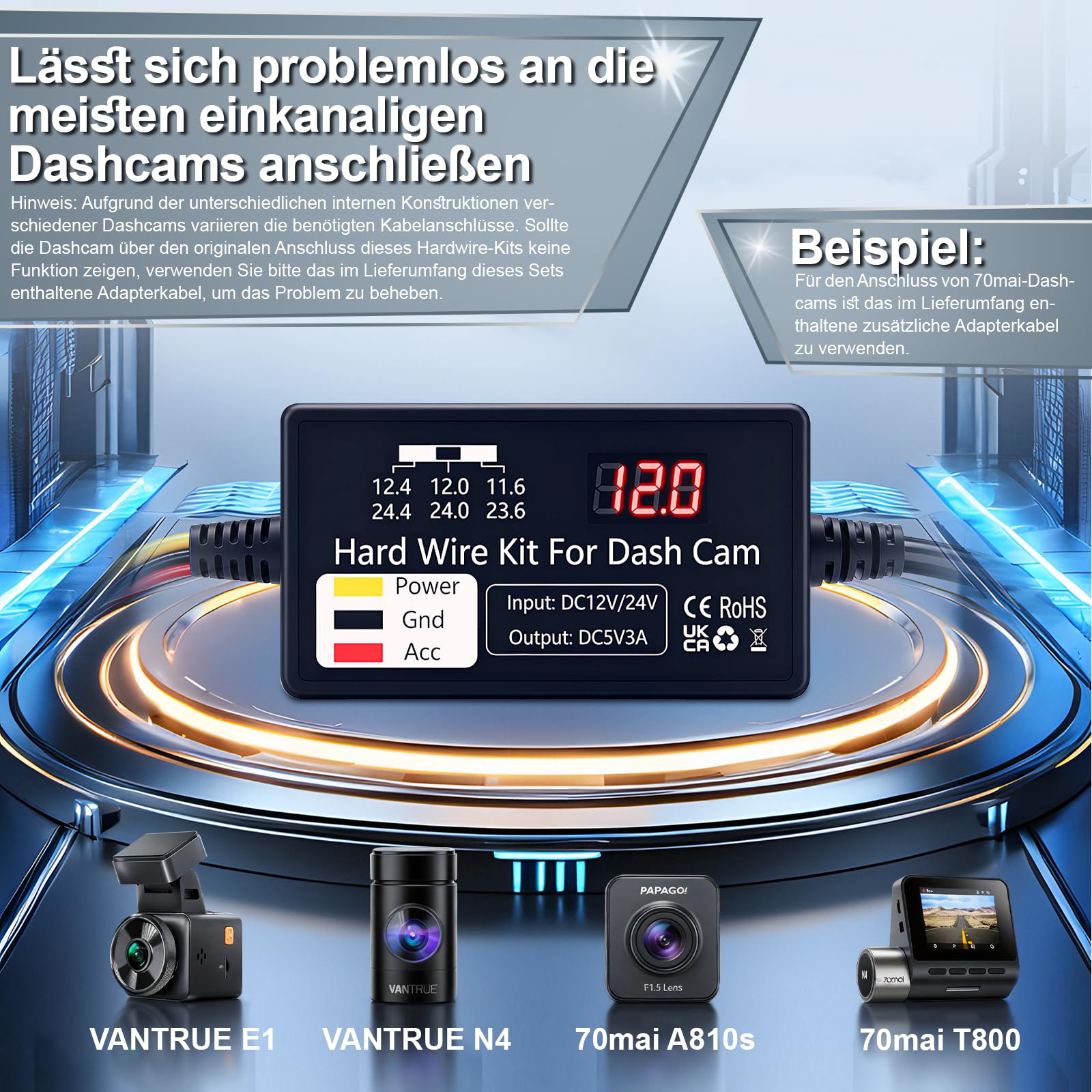 Valchoose Dashcam Hardwire Kit USB-C, 12V/24V auf 5V, 24 Std. Parkmodus, Niederspannungsschutz, Einfache Installation, hardwire kit dashcam, nur für EIN-Kanal USB-C Dashcams