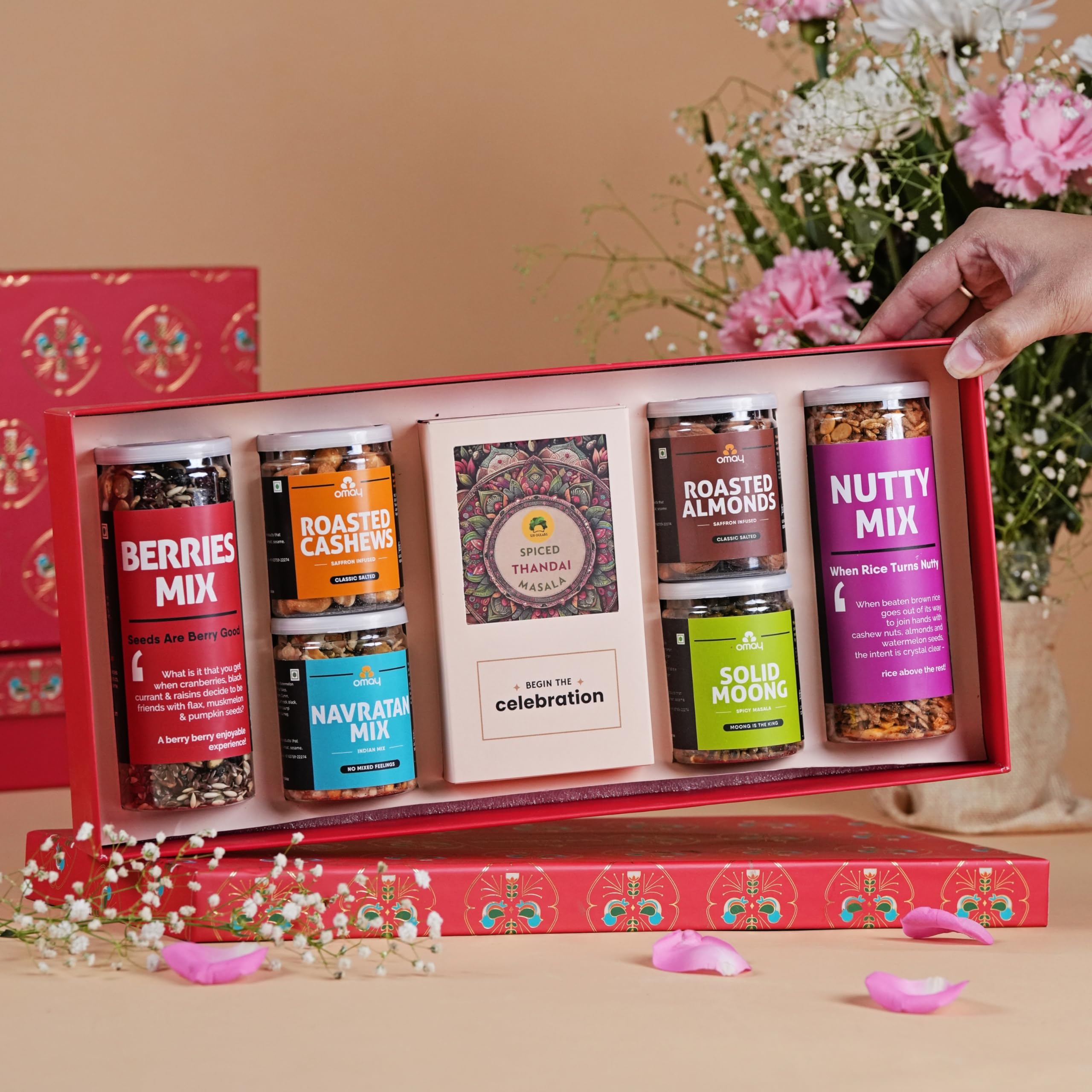 Omay Foods Divine Treats Holi Gift Box I Holi Gift Basket I Snacks, Thandai, Gulal I Company Gifts I Personal Gift Box I Dried Fruits, Healthy Snacks | Premium Gift Basket | Special