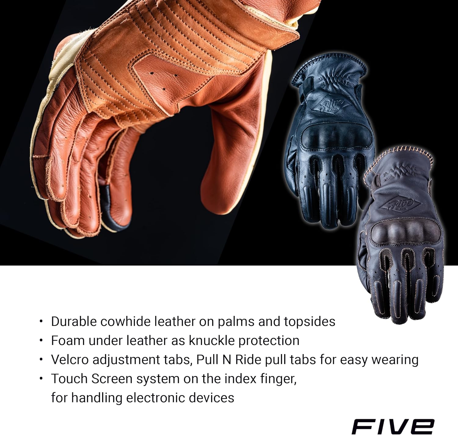 FIVE GLOVES Oklahoma Motorcycle Gloves for Men, Custom Gloves for Vintage Motorbikes and More – Beige-Brown, Black, Brown, XS-3XL