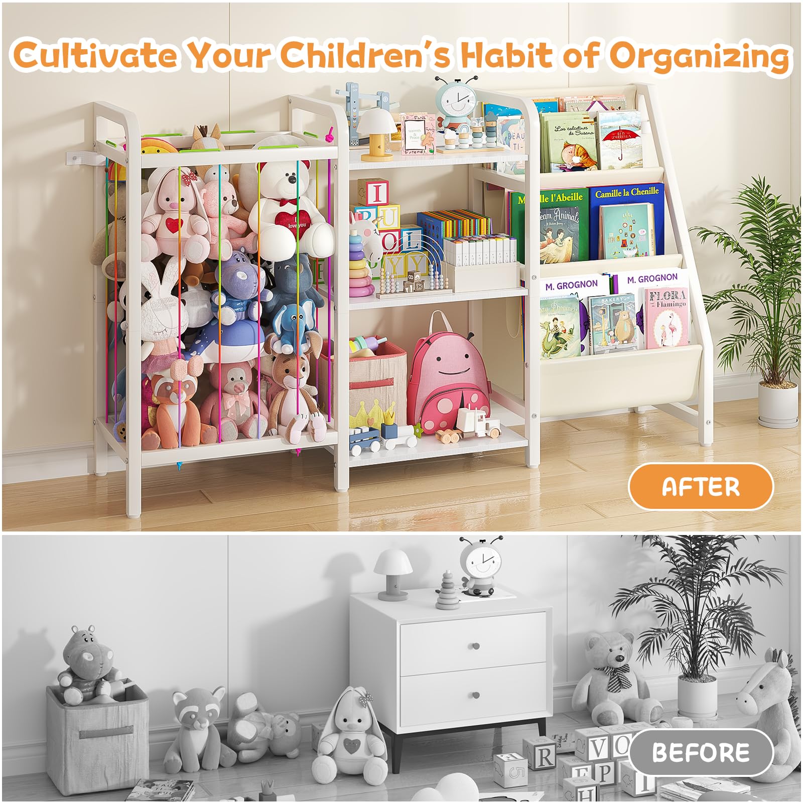 B1 - Estantería infantil y almacenamiento de juguetes, estante para libros de 3 niveles para habitaciones de niños, estantería para bebés con almacenamiento de animales de peluche, estantería 6
