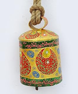 Multi Color Vintage Swiss Cow Bell Metal Decorative Emboss Hand Painted Farm Animal Cow Bell Copper Brass Wood Clapper Door Bells 6 Inches (BELL-584)