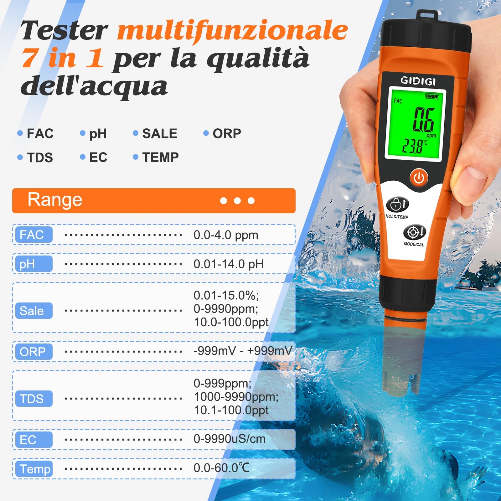 Tester pH e cloro per piscine, misuratore di sale per piscine | Misuratore 7 in 1 per acqua con funzione pH ORP cloro EC TDS temperatura per acqua di piscina, idromassaggio, Acqua domestica