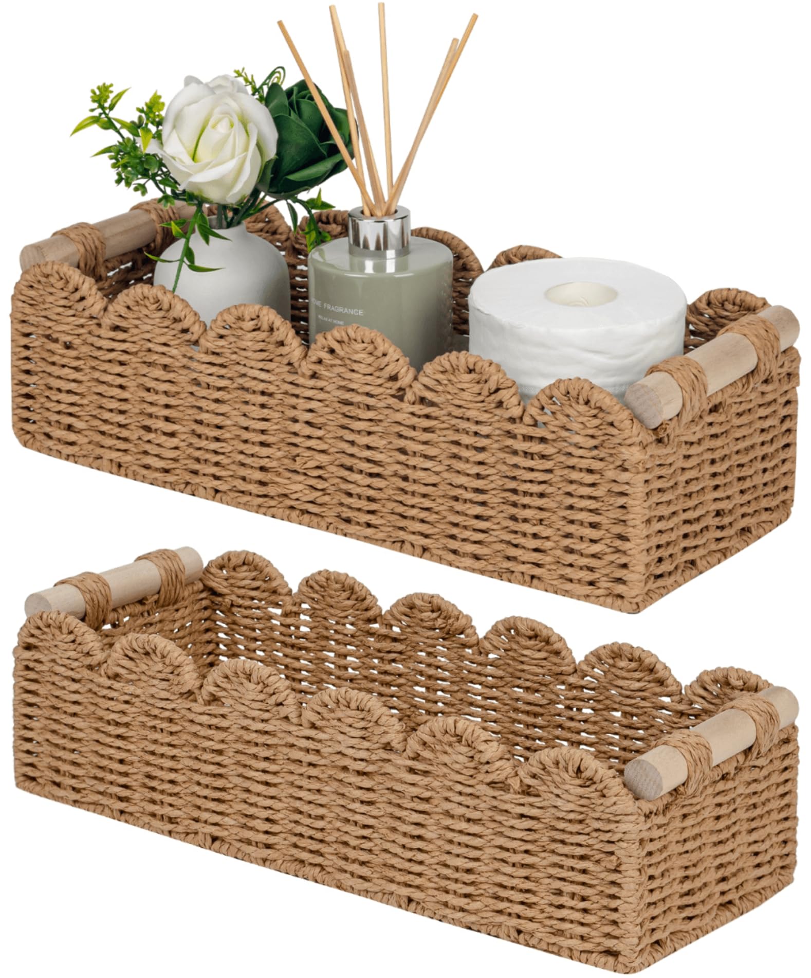 CubesLand Bathroom Basket Organizer, Toilet Tank Paper Storage Baskets 2-Pack, Scalloped Decorative Basket for Countertop w/Handle, Wicker Basket for Bathroom D