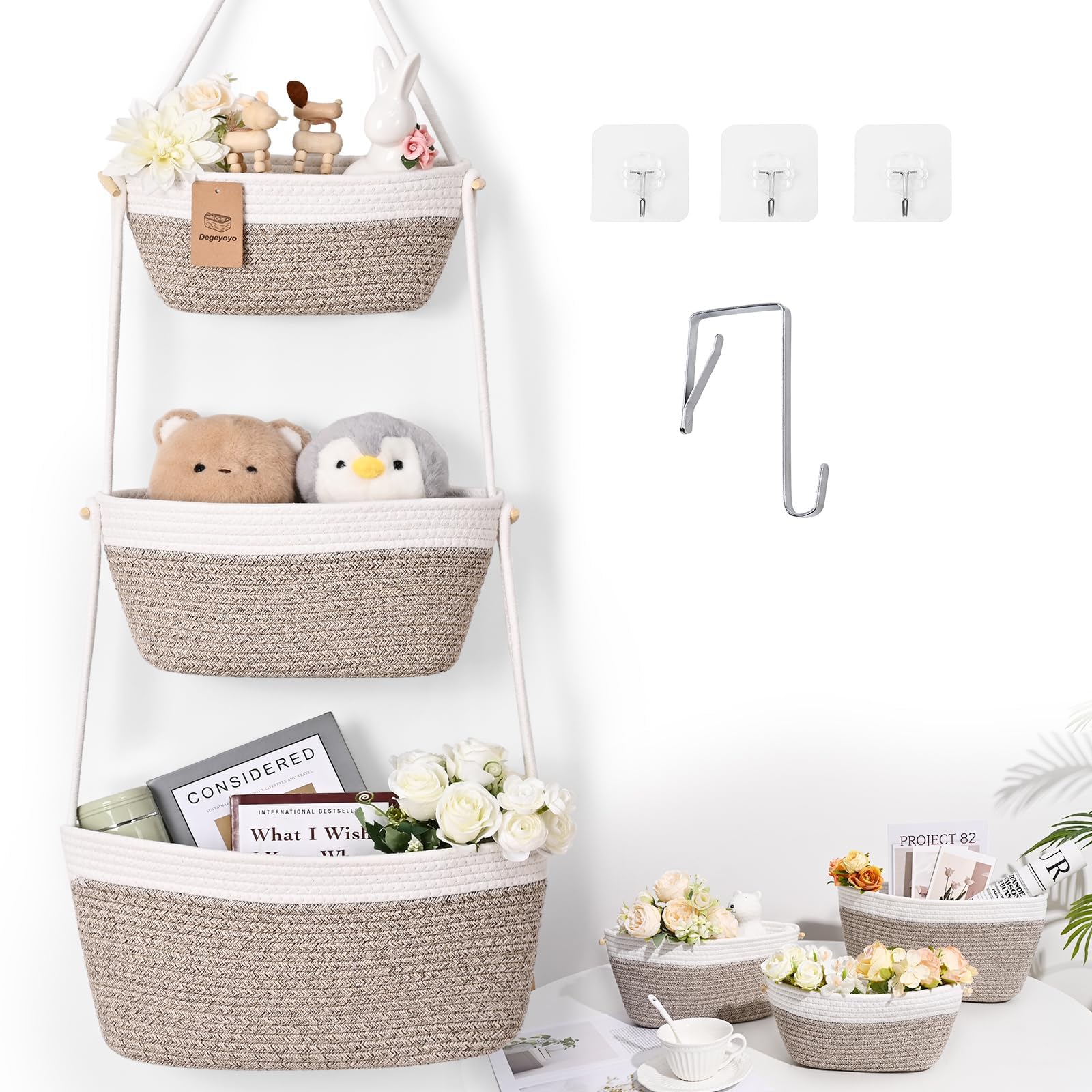 Hanging Basket, 3-Tier Woven Wall Basket with 4 Hooks, Cotton Rope Storage Baskets, Over the Door Organizer for Nursery, Bedroom, Cottage and Boho Wall Decor