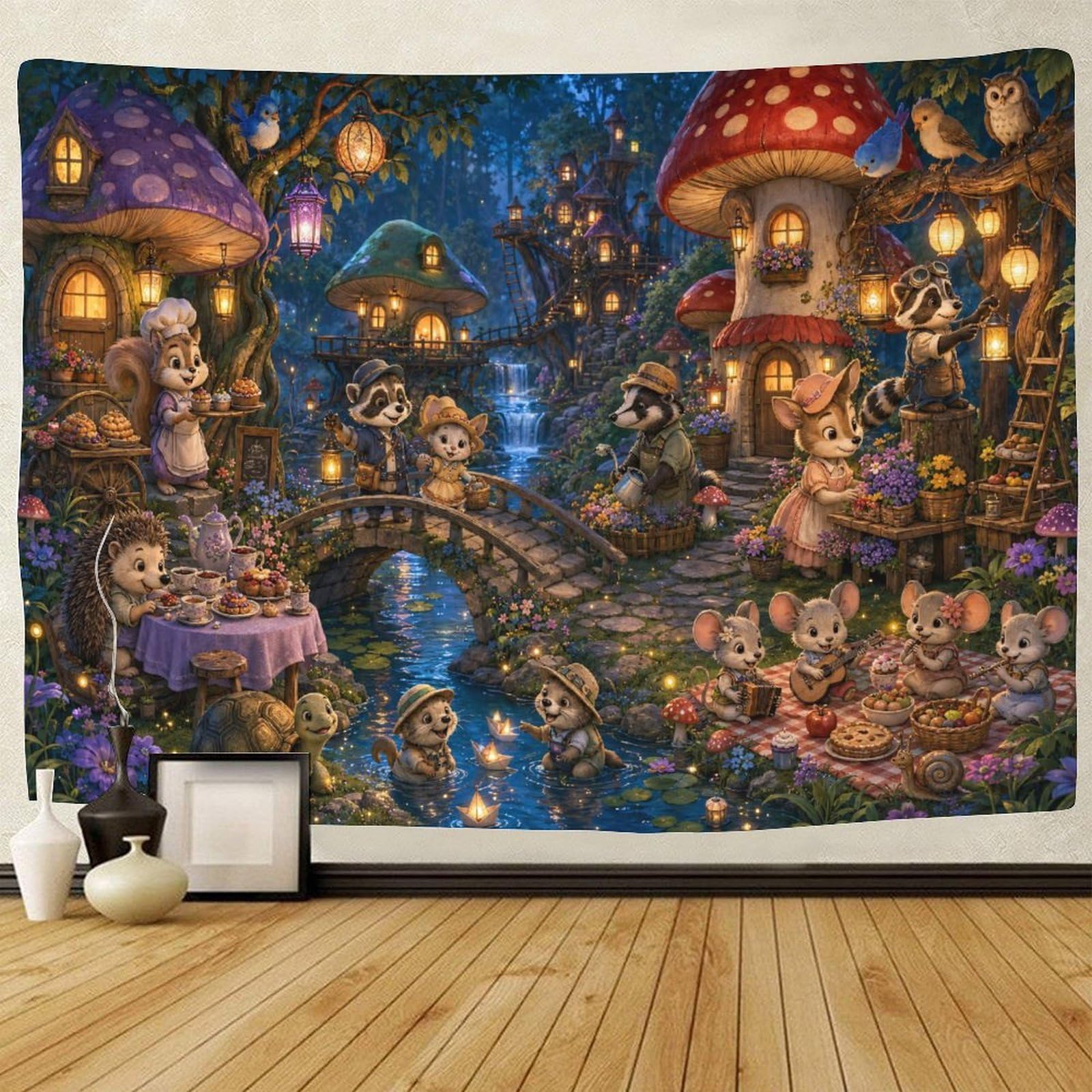 GPMNBCXZK Mushroom Village Animals Wall Art Decor 3D Print Tapestry Wall Hanging Decor Tapestries Home Decoration Curtain Living Room College Dorm 150cmx200cm