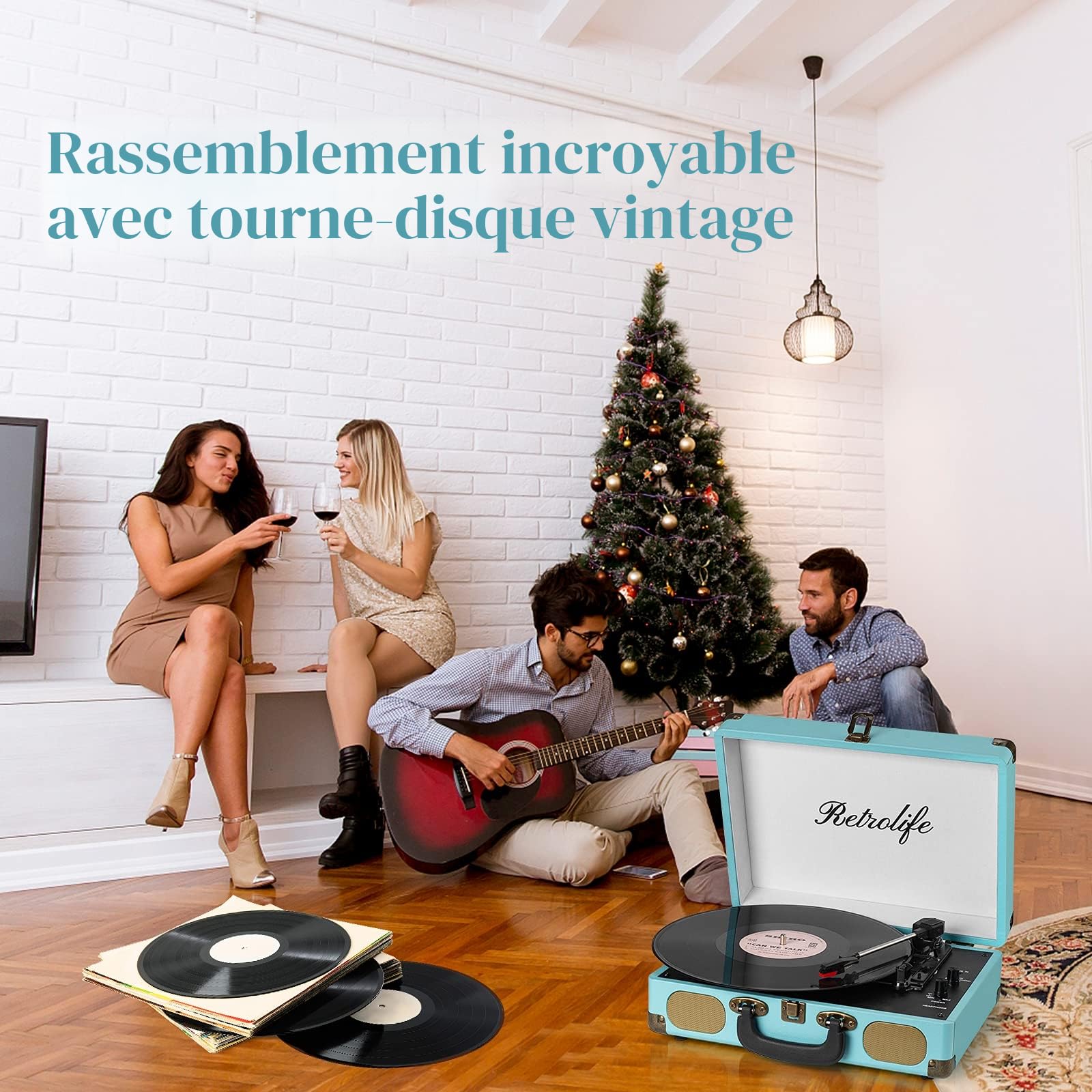 Retrolife Platine Vinyle 3 Vitesses Bluetooth Portable, Bleu Classique